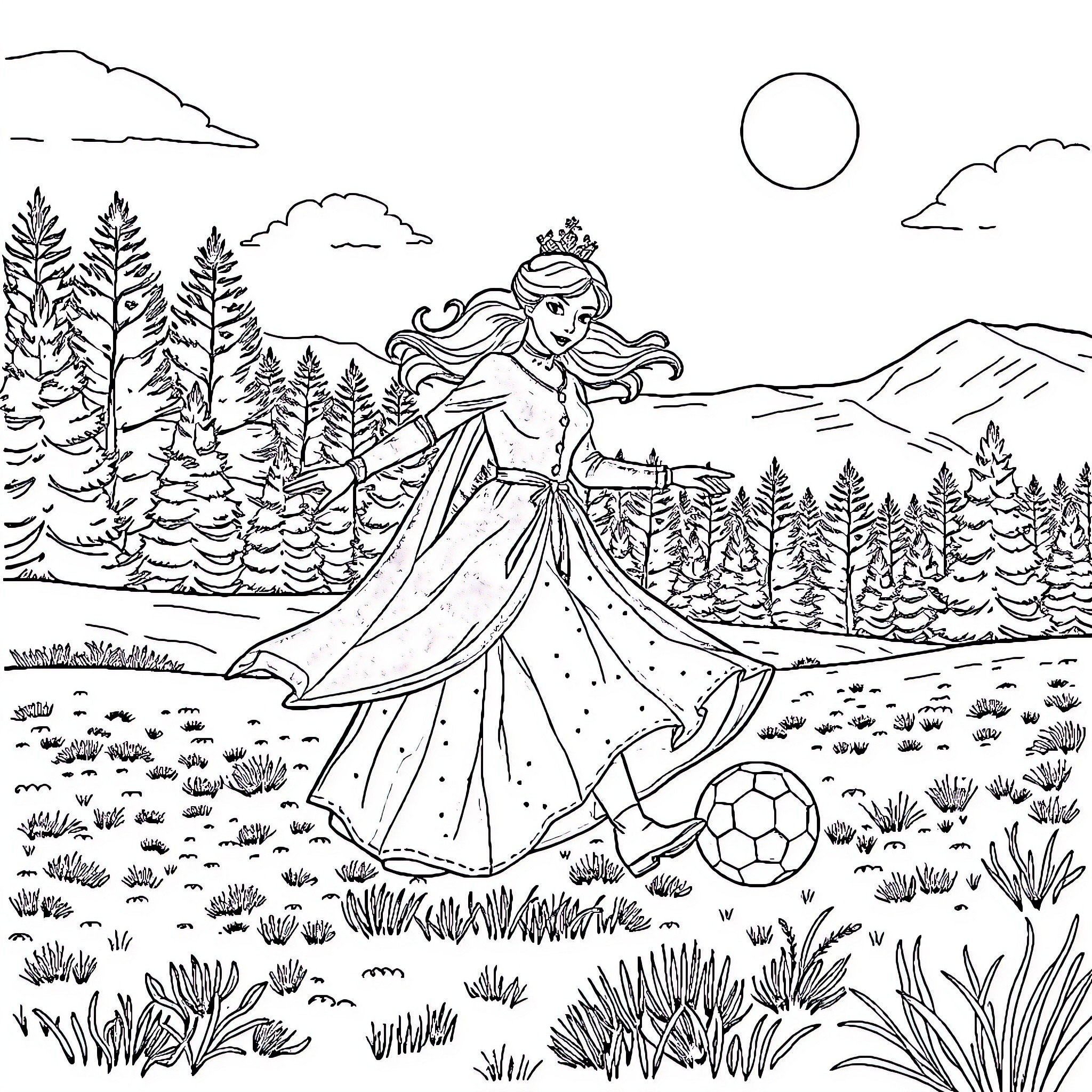 Snow Queen gracefully dancing in a winter wonderland Coloring Page (free black-and-white line drawing printable PDF for all, from beginners to advanced learners, including children, teens, adults, and seniors)
