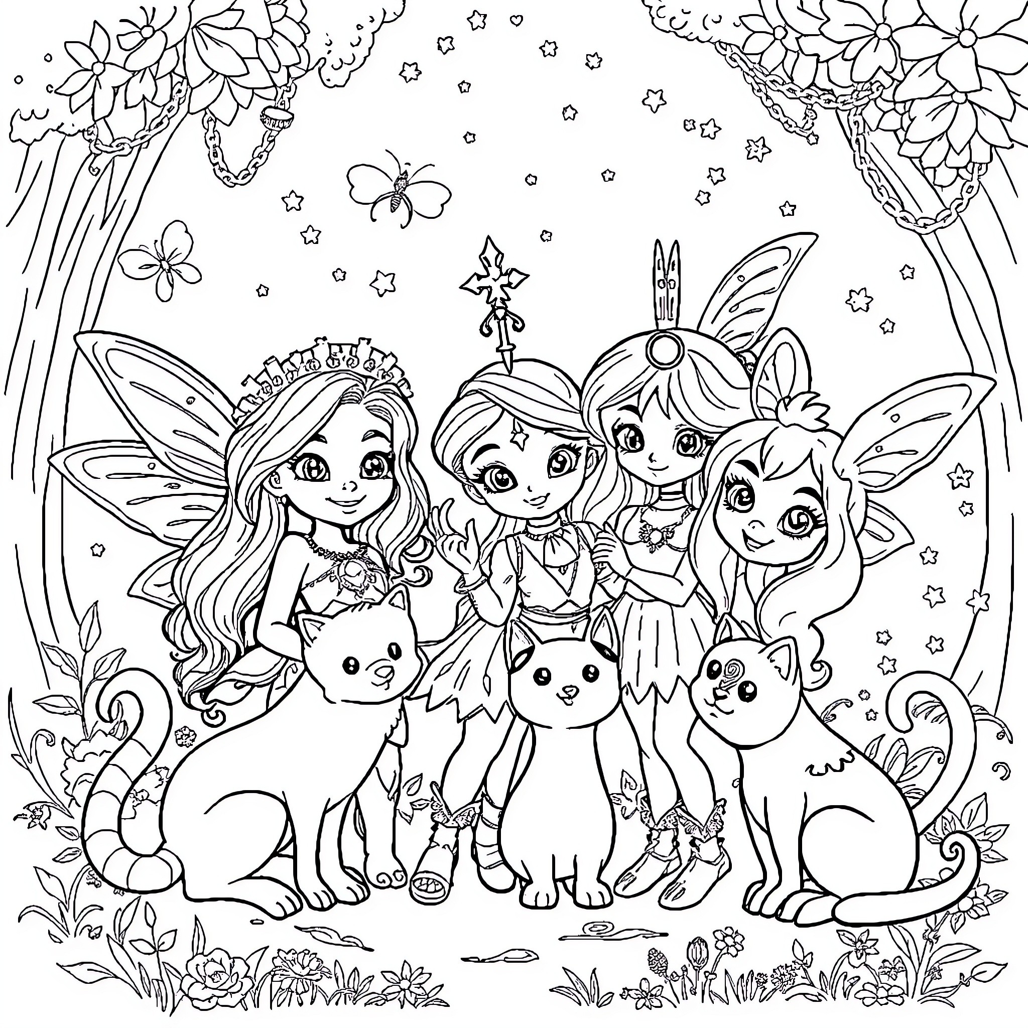 Enchantimal Fantastical Woodland Creatures Coloring Page (free black-and-white line drawing printable PDF for all, from beginners to advanced learners, including children, teens, adults, and seniors)