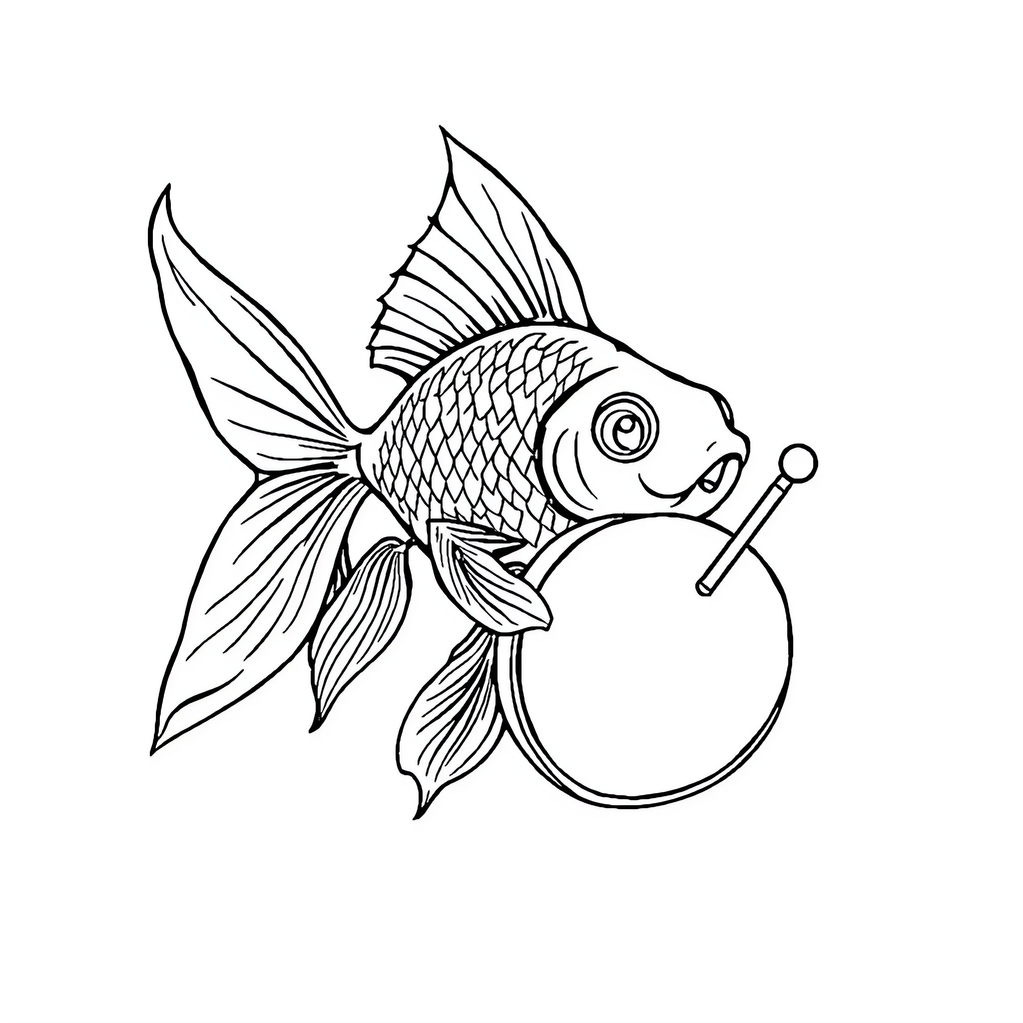 Goldfish blowing bubble with magnifying glass Coloring Page (free black-and-white line drawing printable PDF for all, from beginners to advanced learners, including children, teens, adults, and seniors)