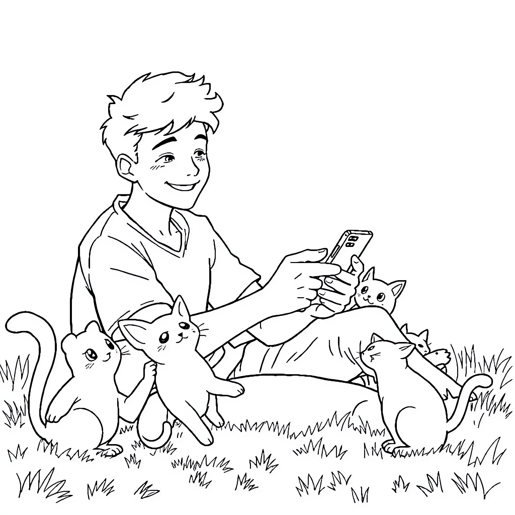 Man playing with happy kittens in the park Coloring Page (free black-and-white line drawing printable PDF for all, from beginners to advanced learners, including children, teens, adults, and seniors)