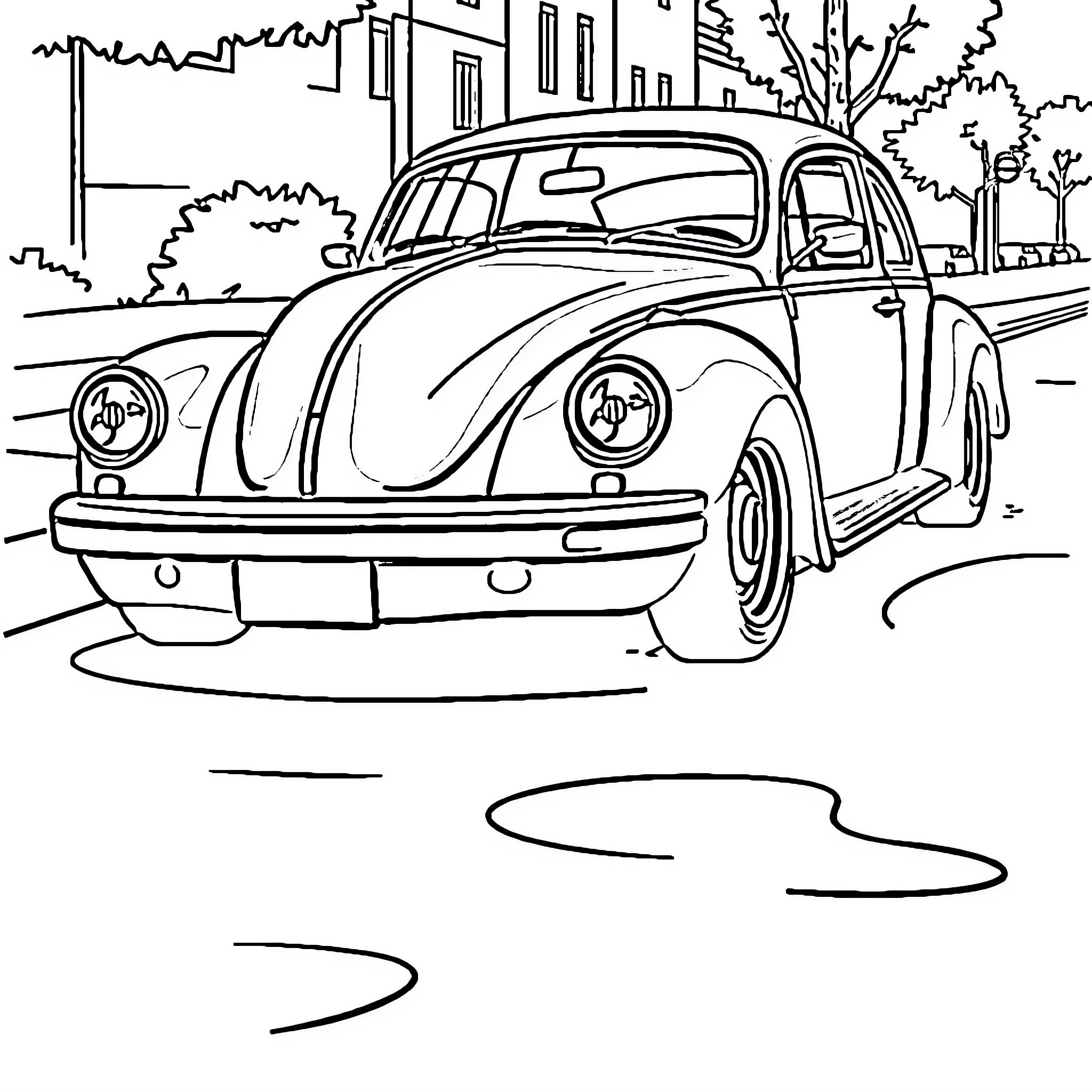 Car on a city street Coloring Page (free black-and-white line drawing printable PDF for all, from beginners to advanced learners, including children, teens, adults, and seniors)
