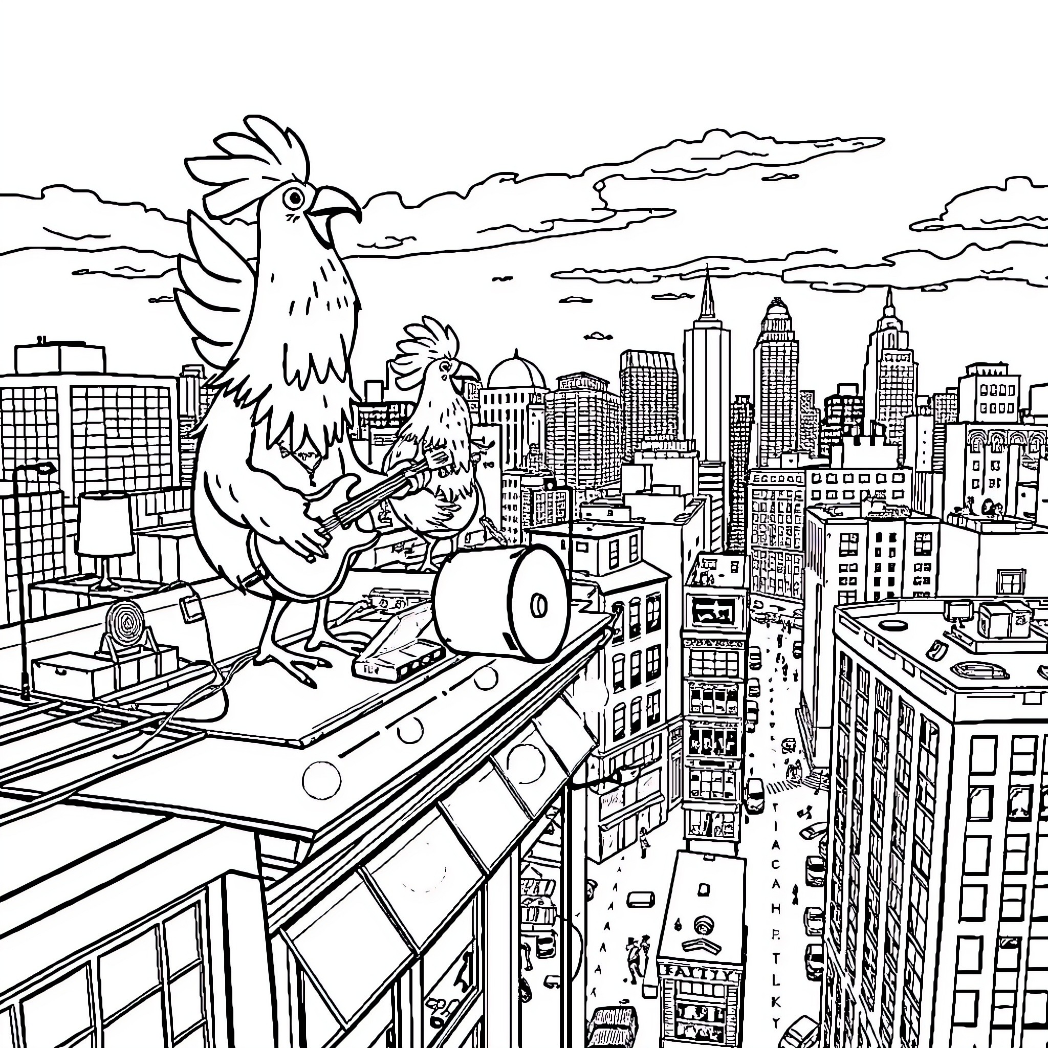 Band of Quirky Musicians Performing in City Skyline Coloring Page (free black-and-white line drawing printable PDF for all, from beginners to advanced learners, including children, teens, adults, and seniors)