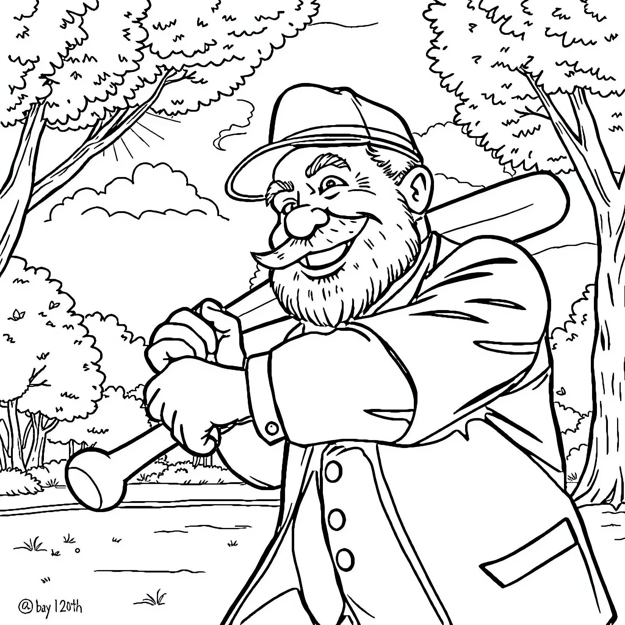 Teddy Roosevelt smiling in the woods Coloring Page (free black-and-white line drawing printable PDF for all, from beginners to advanced learners, including children, teens, adults, and seniors)