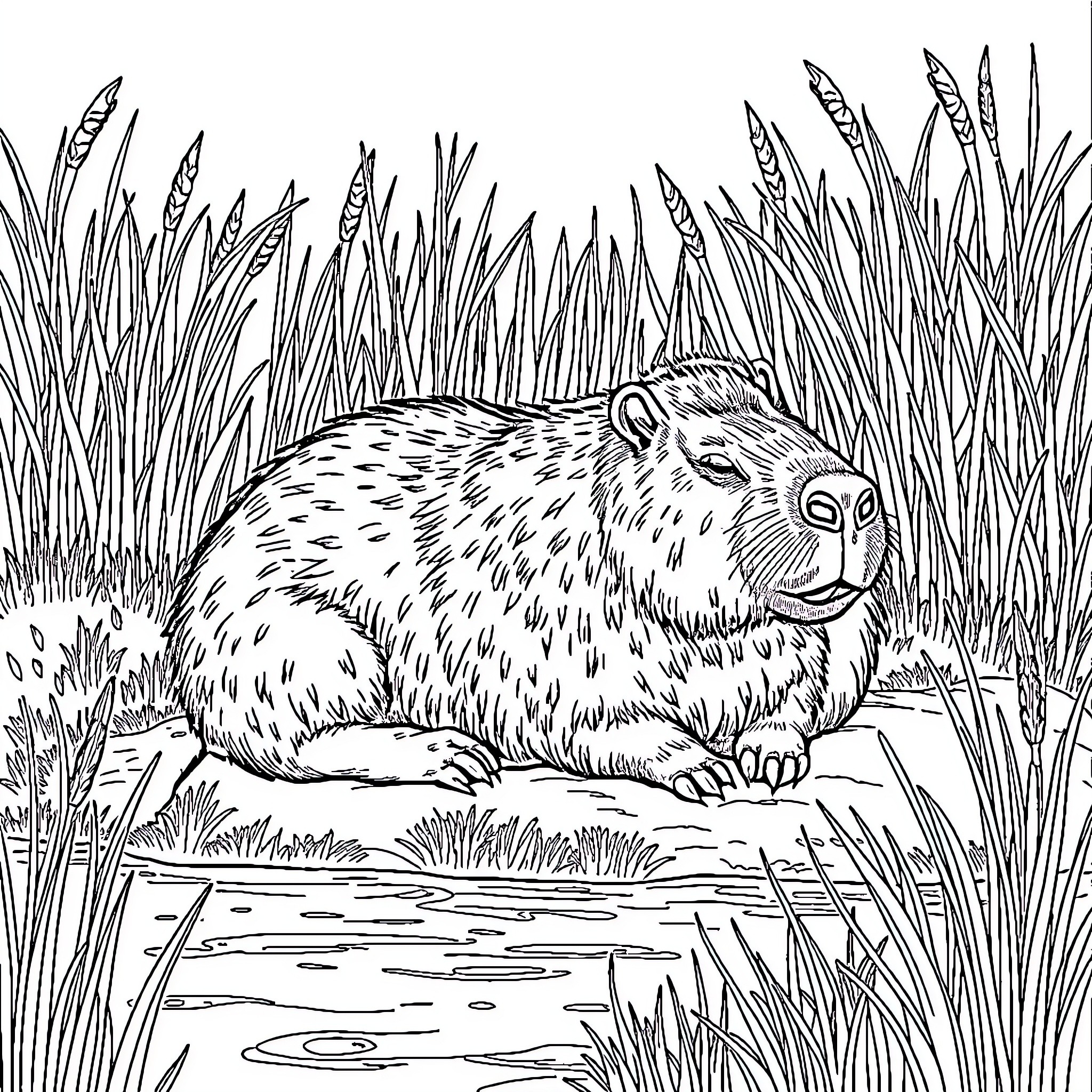 Capybara relaxing in the lush grass Coloring Page (free black-and-white line drawing printable PDF for all, from beginners to advanced learners, including children, teens, adults, and seniors)