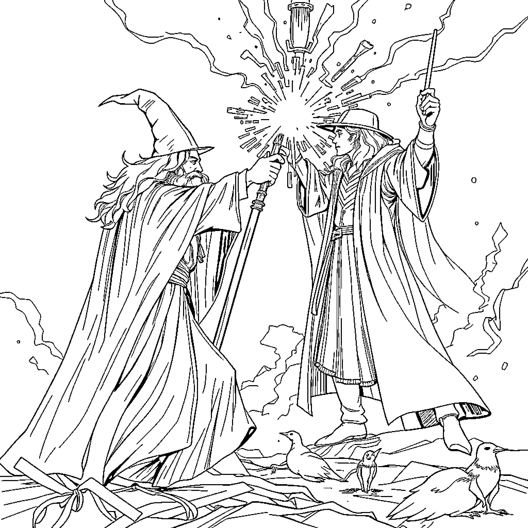 Gandalf the Wizard Casting a Powerful Spell Coloring Page (free black-and-white line drawing printable PDF for all, from beginners to advanced learners, including children, teens, adults, and seniors)