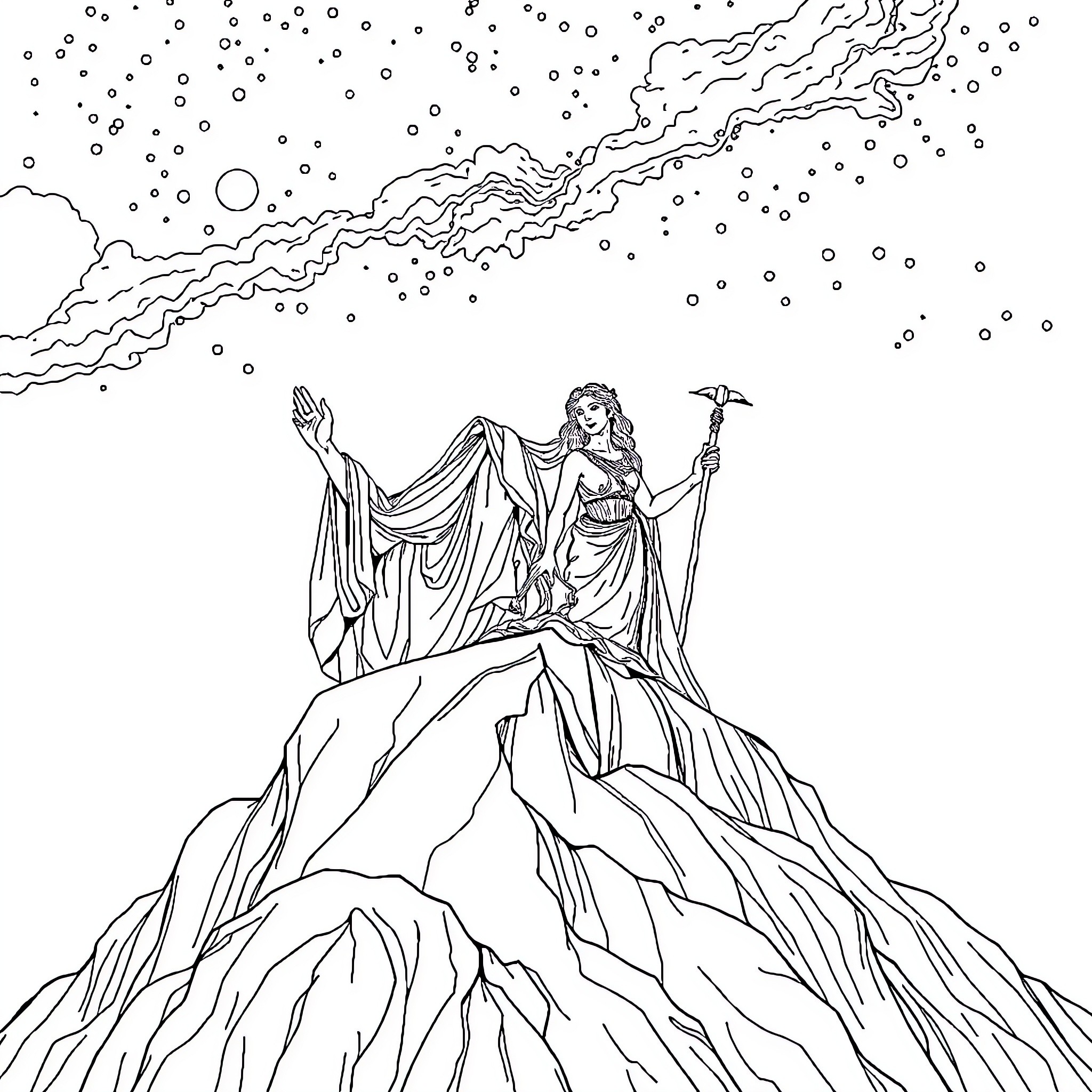 Greek Gods in Mythical Landscape Coloring Page (free black-and-white line drawing printable PDF for all, from beginners to advanced learners, including children, teens, adults, and seniors)