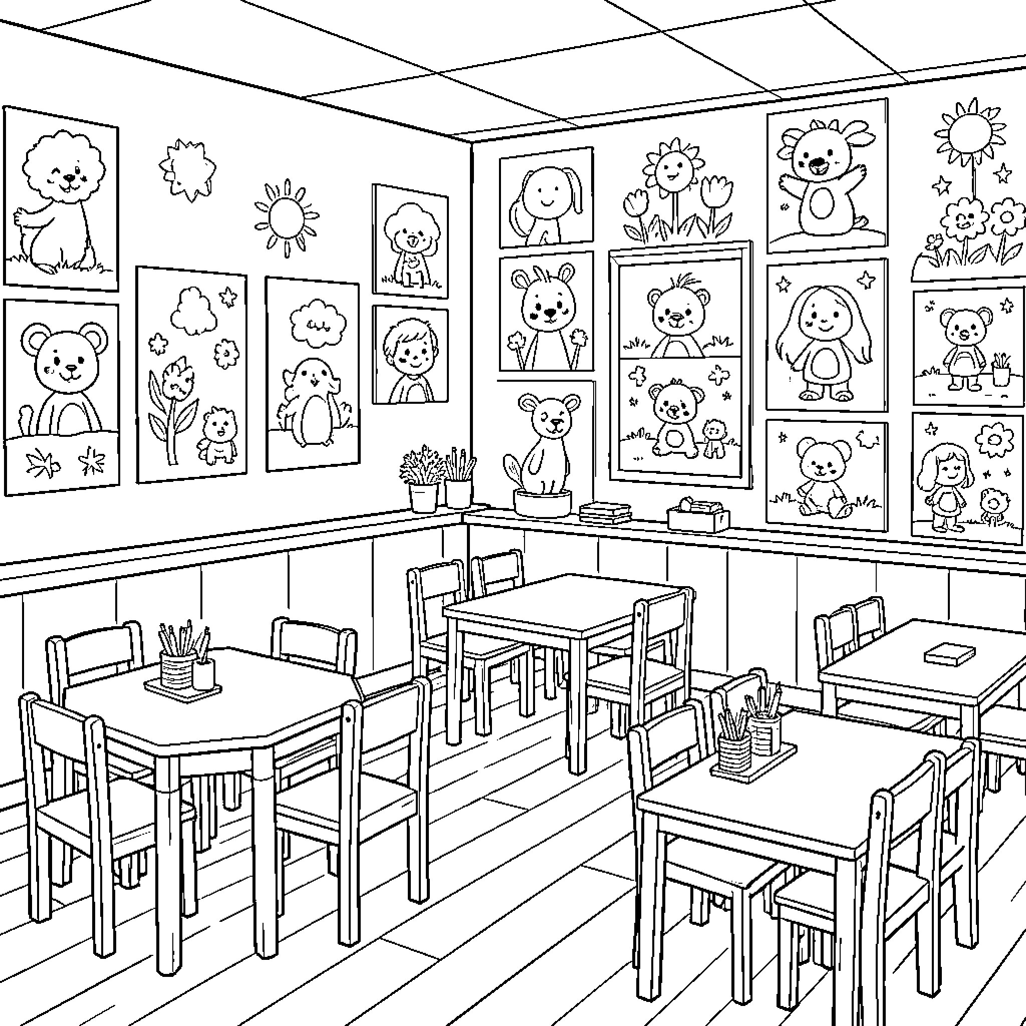 Classroom filled with cute animal drawings on walls Coloring Page (free black-and-white line drawing printable PDF for all, from beginners to advanced learners, including children, teens, adults, and seniors)