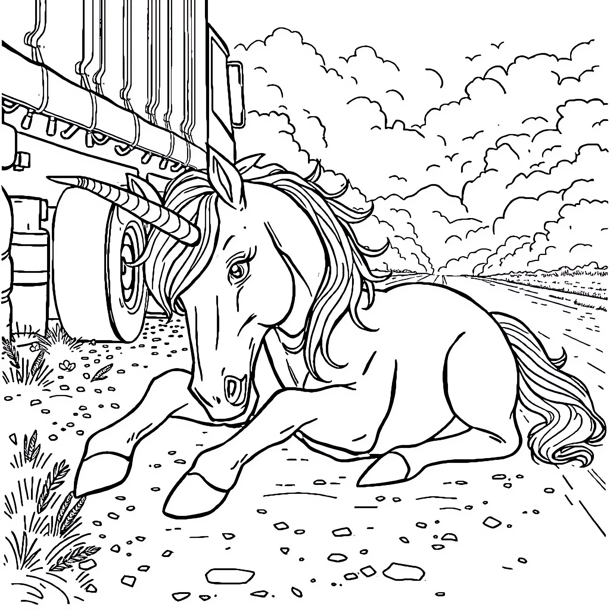 Unicorn resting in a peaceful landscape Coloring Page (free black-and-white line drawing printable PDF for all, from beginners to advanced learners, including children, teens, adults, and seniors)