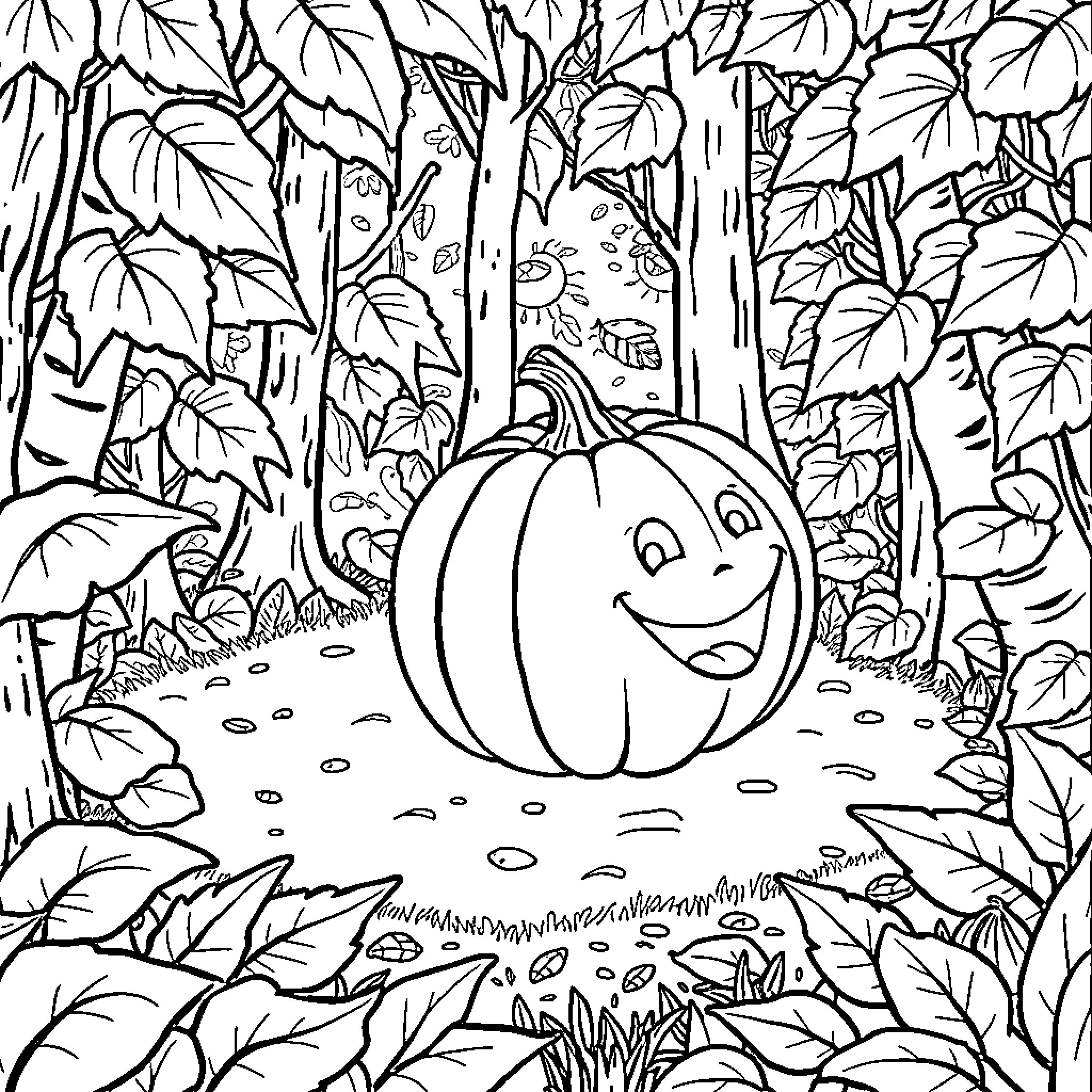Pumpkin in the Enchanted Forest Coloring Page (free black-and-white line drawing printable PDF for all, from beginners to advanced learners, including children, teens, adults, and seniors)