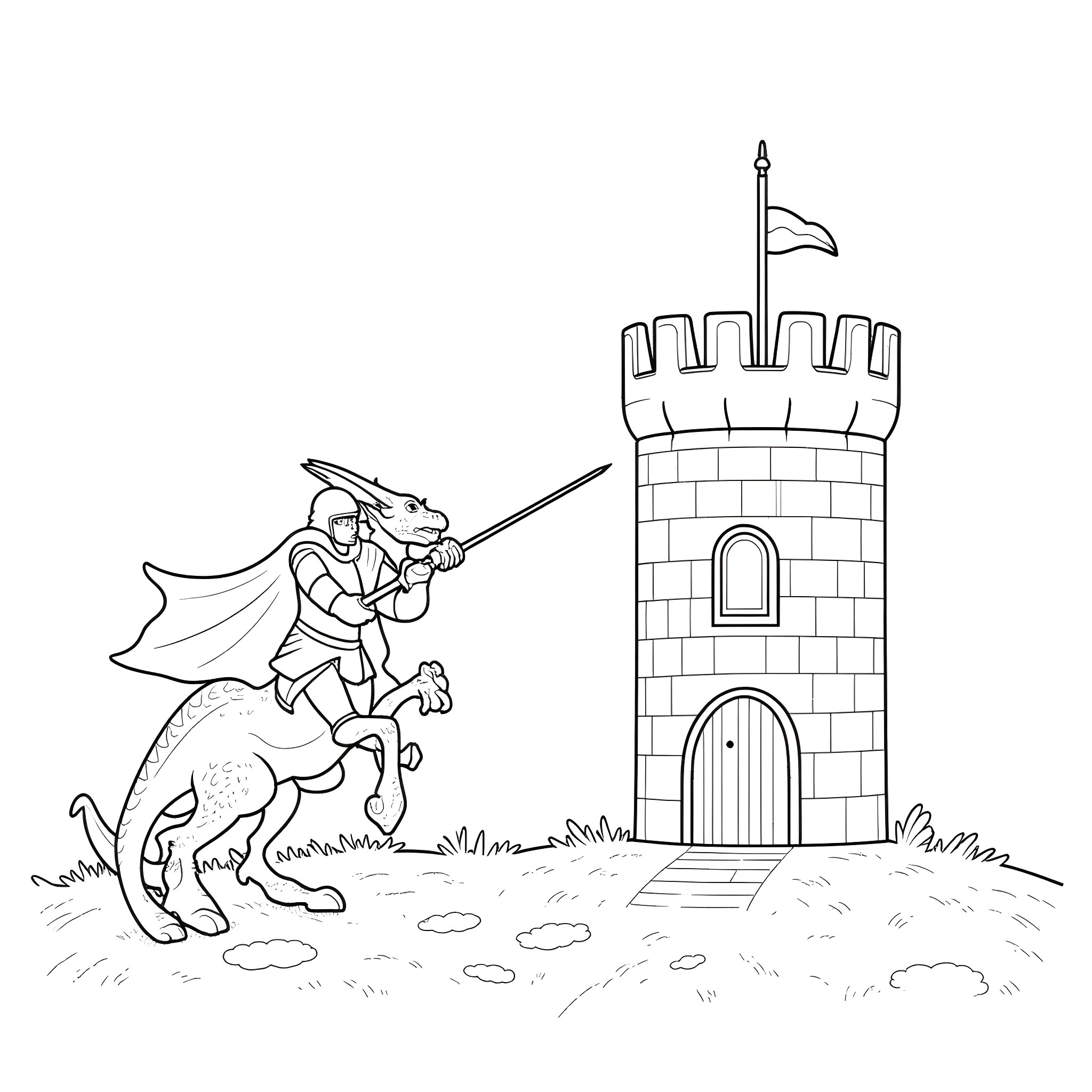 Knight on a horse defending the castle Coloring Page (free black-and-white line drawing printable PDF for all, from beginners to advanced learners, including children, teens, adults, and seniors)
