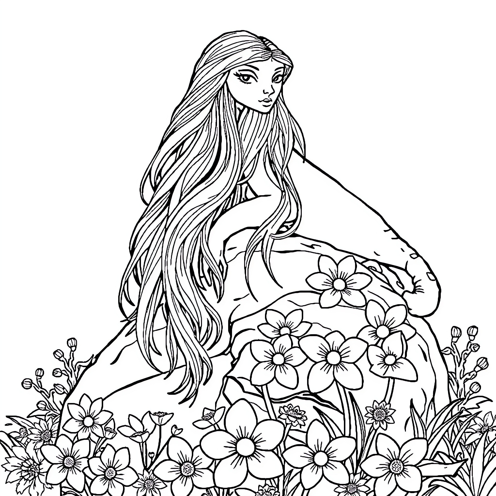Sirène amidst a floral garden Coloring Page (free black-and-white line drawing printable PDF for all, from beginners to advanced learners, including children, teens, adults, and seniors)