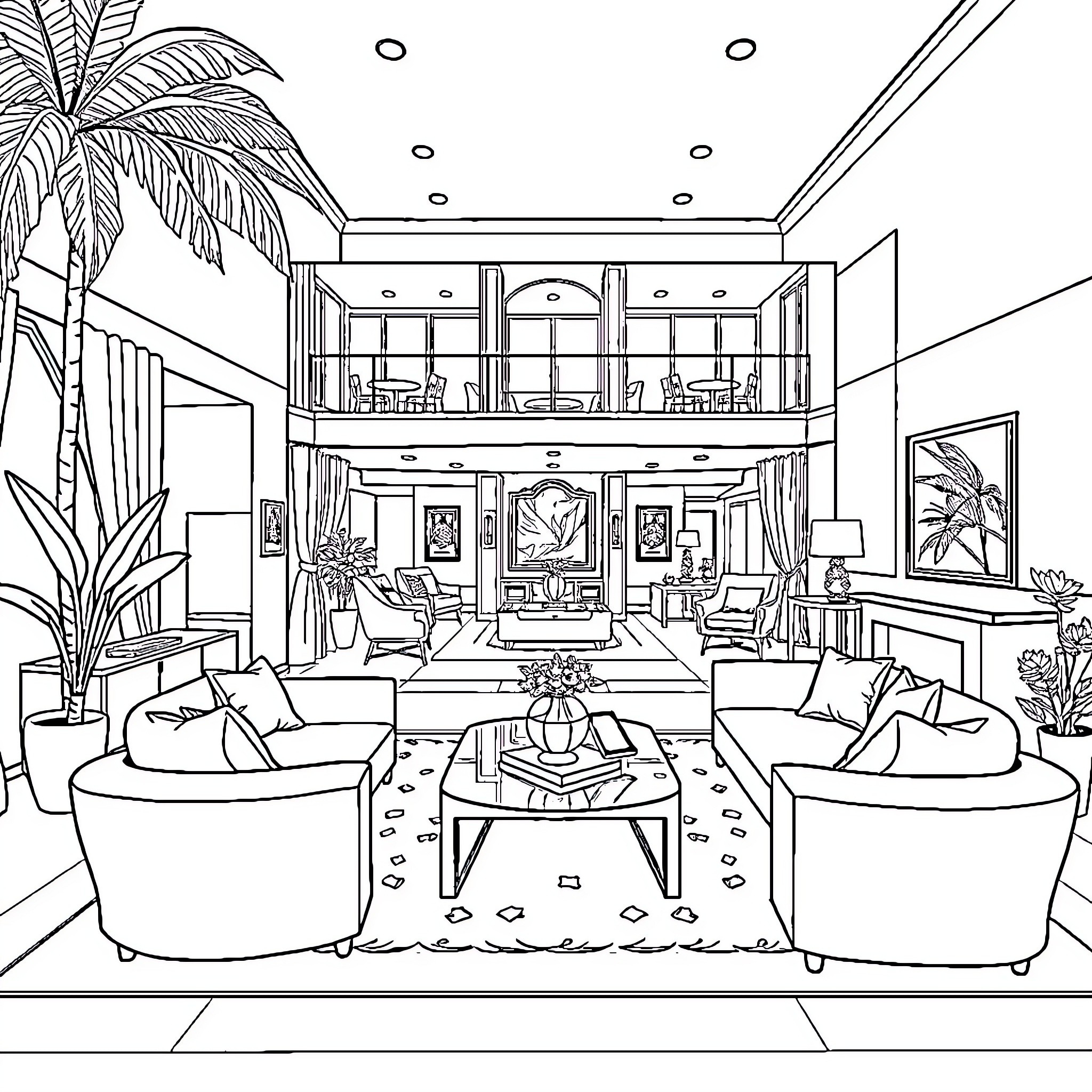 House with elegant furnishings and tropical decor Coloring Page (free black-and-white line drawing printable PDF for all, from beginners to advanced learners, including children, teens, adults, and seniors)