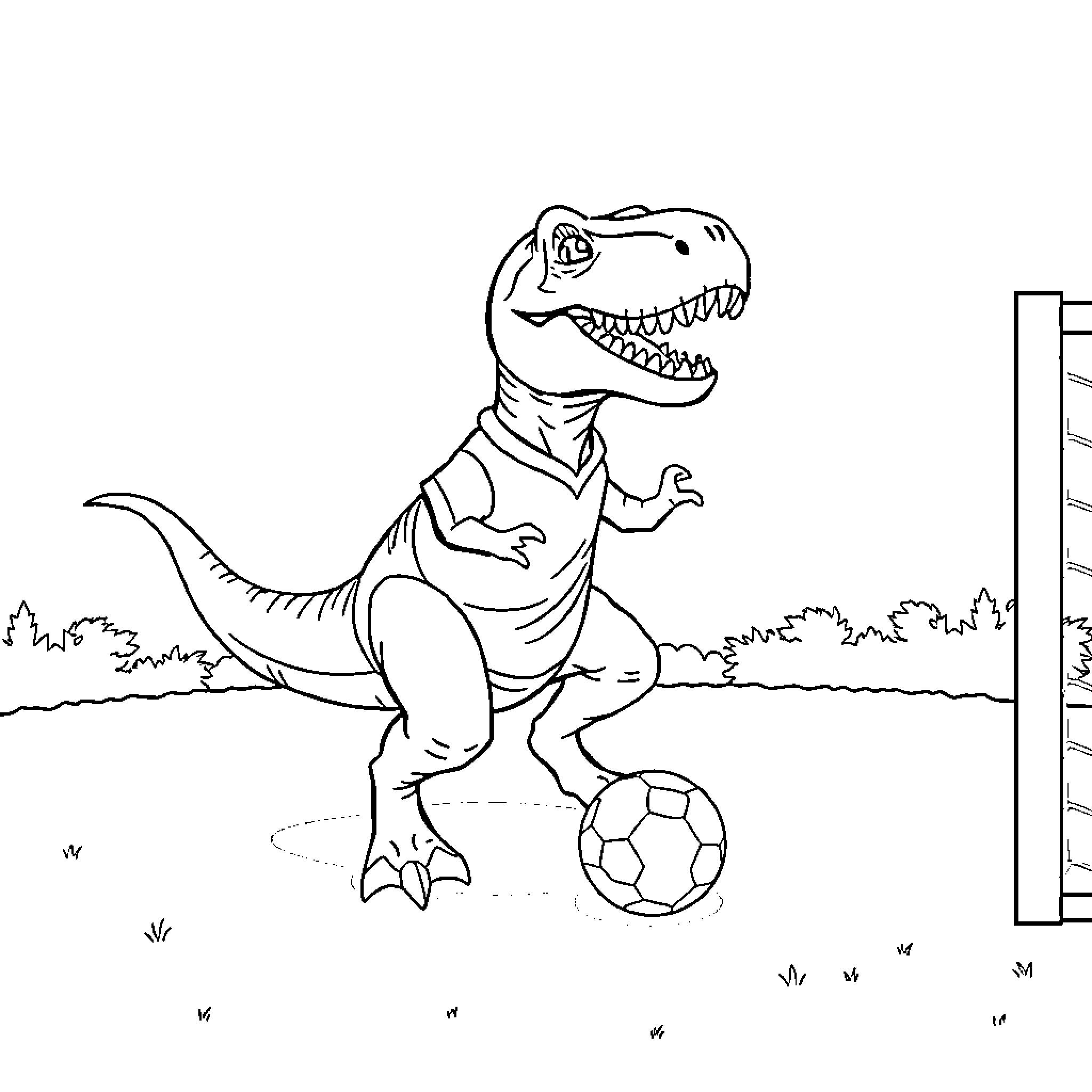 T-Rex playing soccer in the park Coloring Page (free black-and-white line drawing printable PDF for all, from beginners to advanced learners, including children, teens, adults, and seniors)