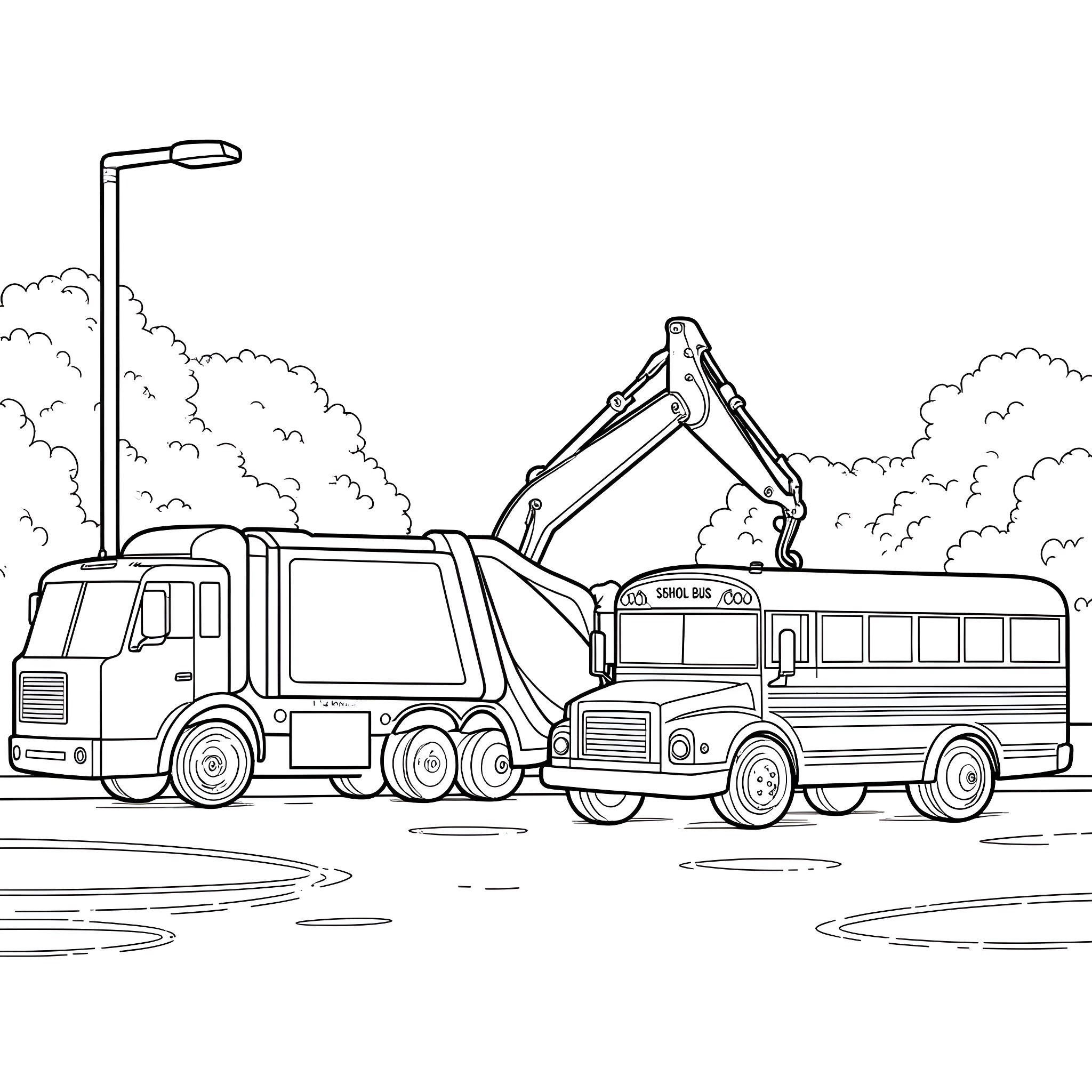 Truck towing bus on the road Coloring Page (free black-and-white line drawing printable PDF for all, from beginners to advanced learners, including children, teens, adults, and seniors)