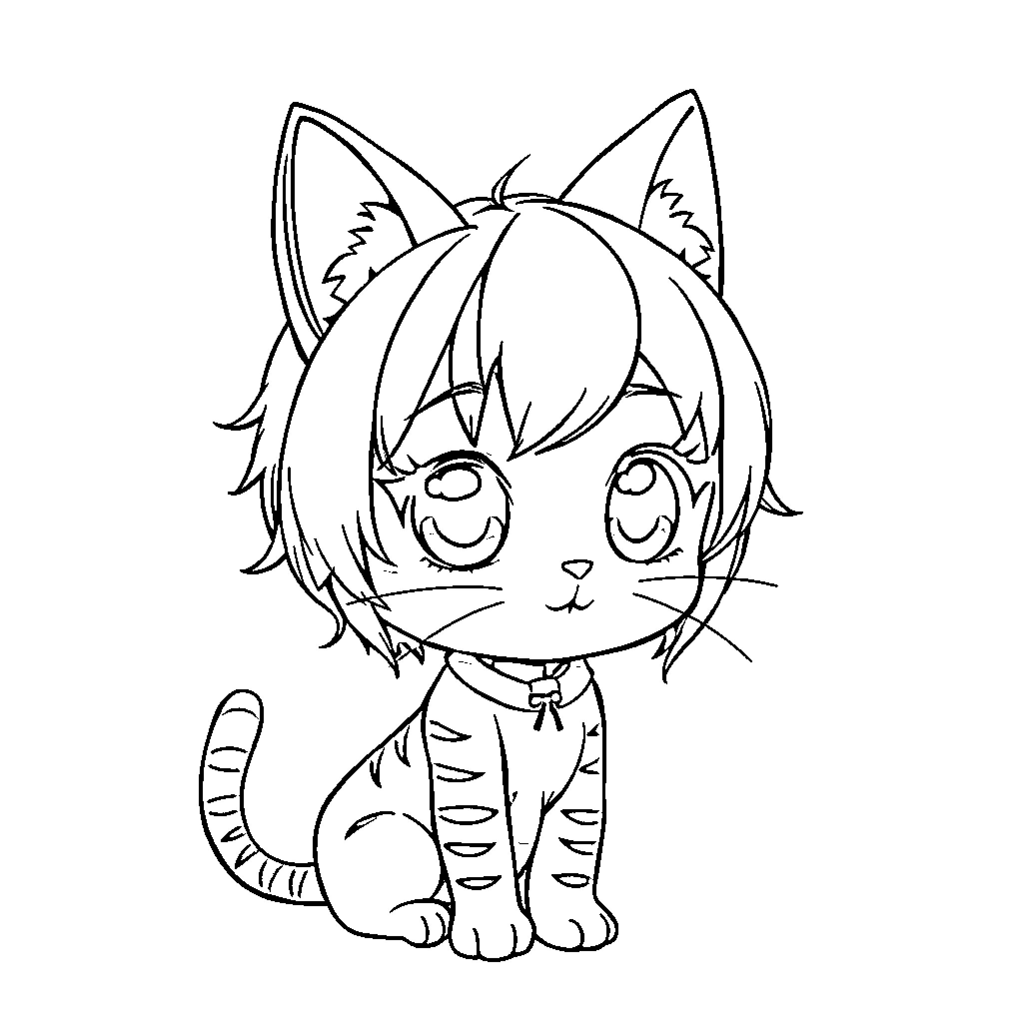 Girl with cat-like features in an animated style Coloring Page (free black-and-white line drawing printable PDF for all, from beginners to advanced learners, including children, teens, adults, and seniors)