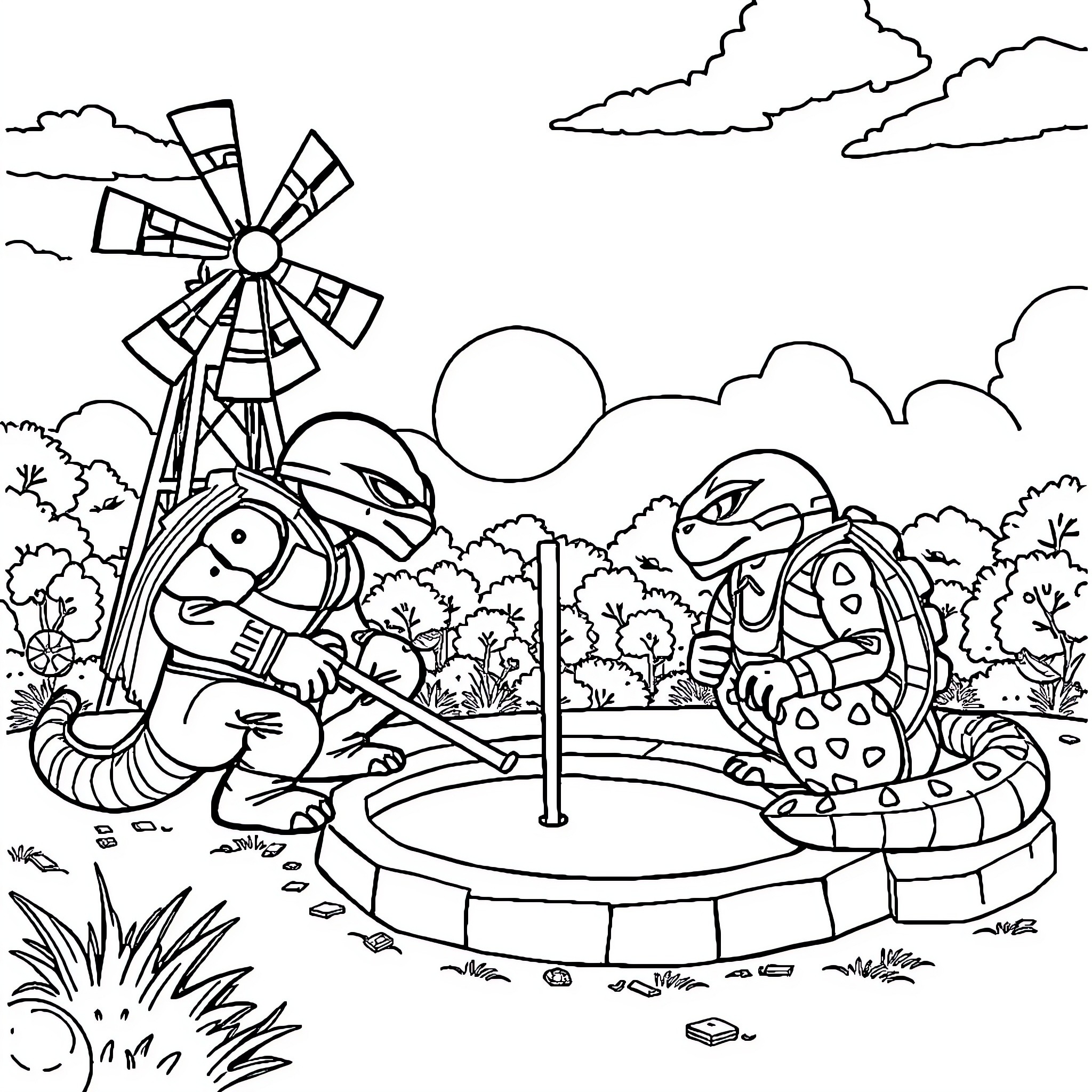 Snake-shaped robots playing together in a whimsical landscape Coloring Page (free black-and-white line drawing printable PDF for all, from beginners to advanced learners, including children, teens, adults, and seniors)