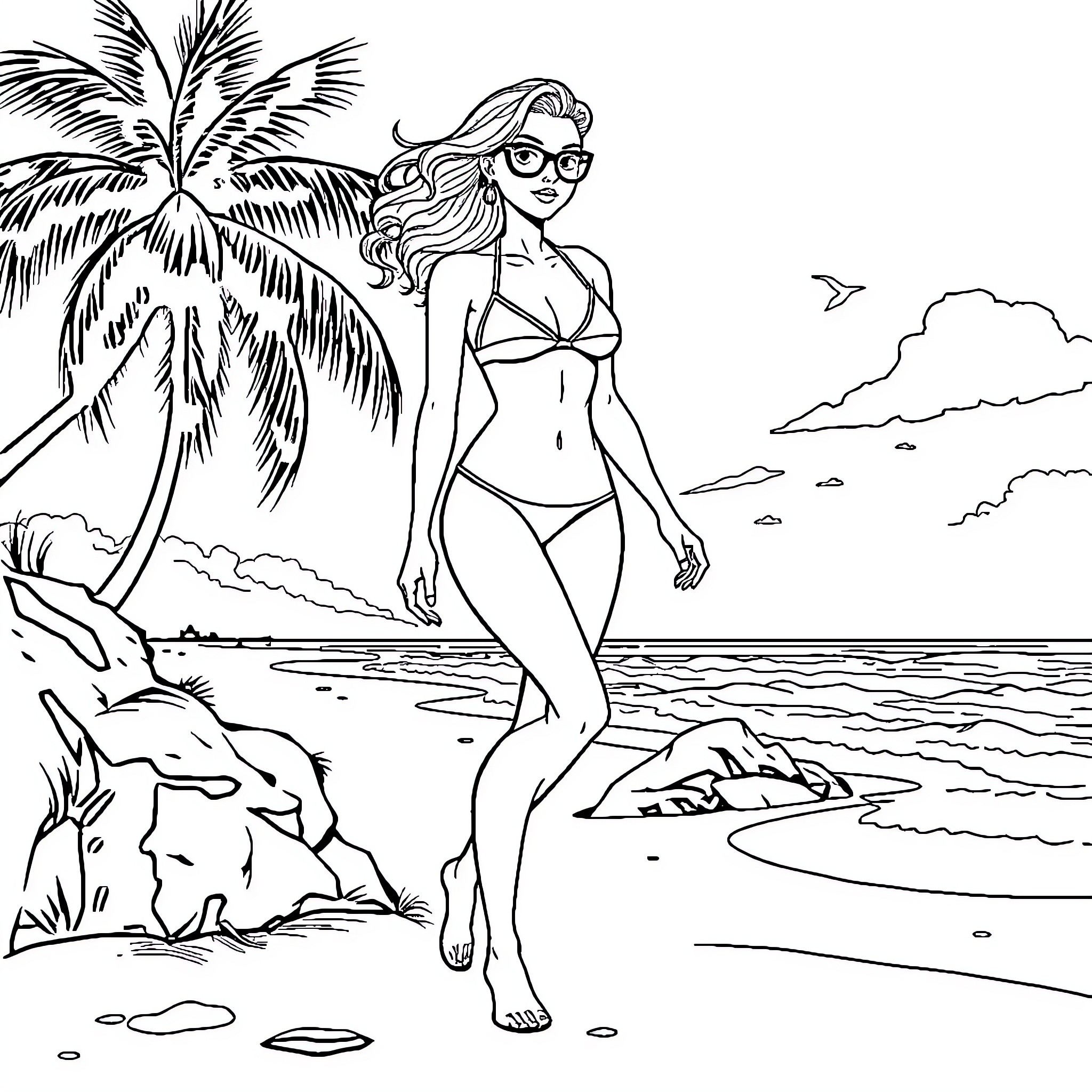 Girl Relaxing on Tropical Beach Coloring Page (free black-and-white line drawing printable PDF for all, from beginners to advanced learners, including children, teens, adults, and seniors)