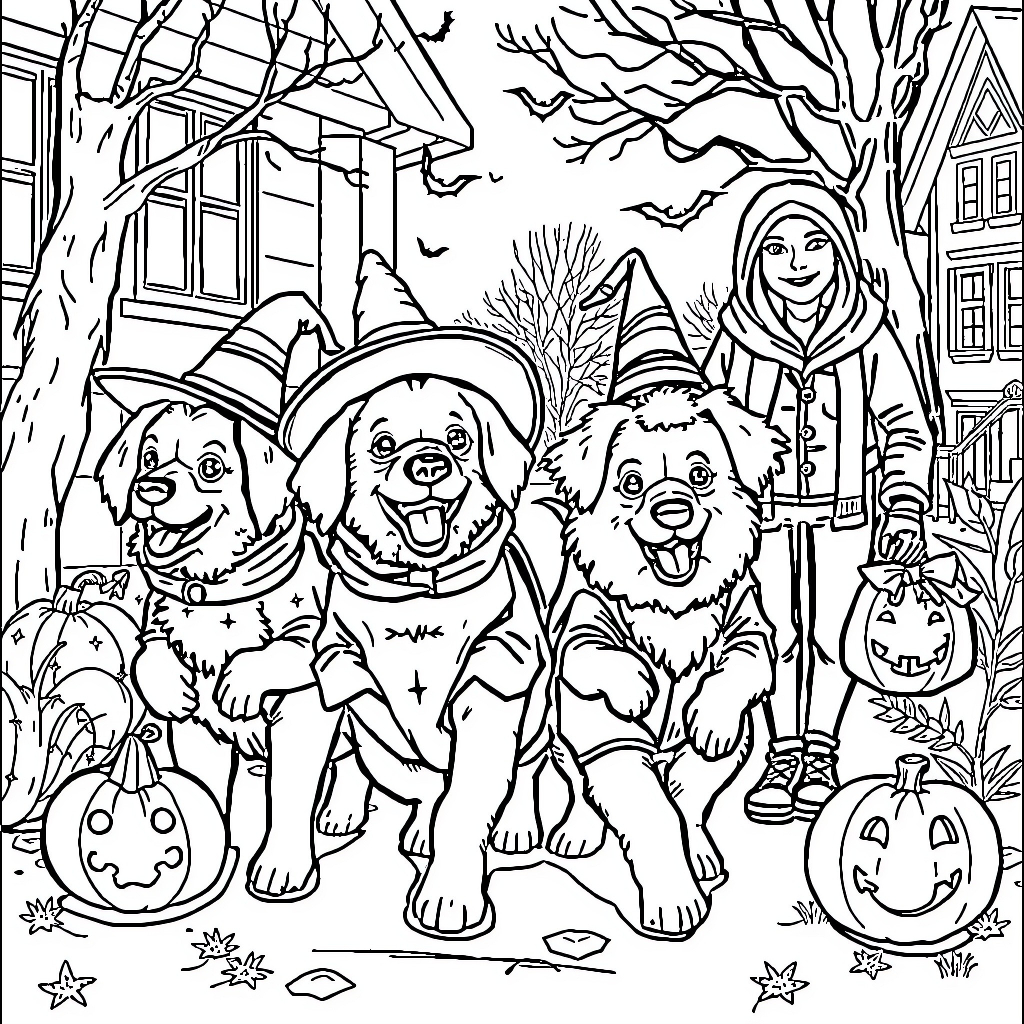 Dog friends trick-or-treating on Halloween night Coloring Page (free black-and-white line drawing printable PDF for all, from beginners to advanced learners, including children, teens, adults, and seniors)