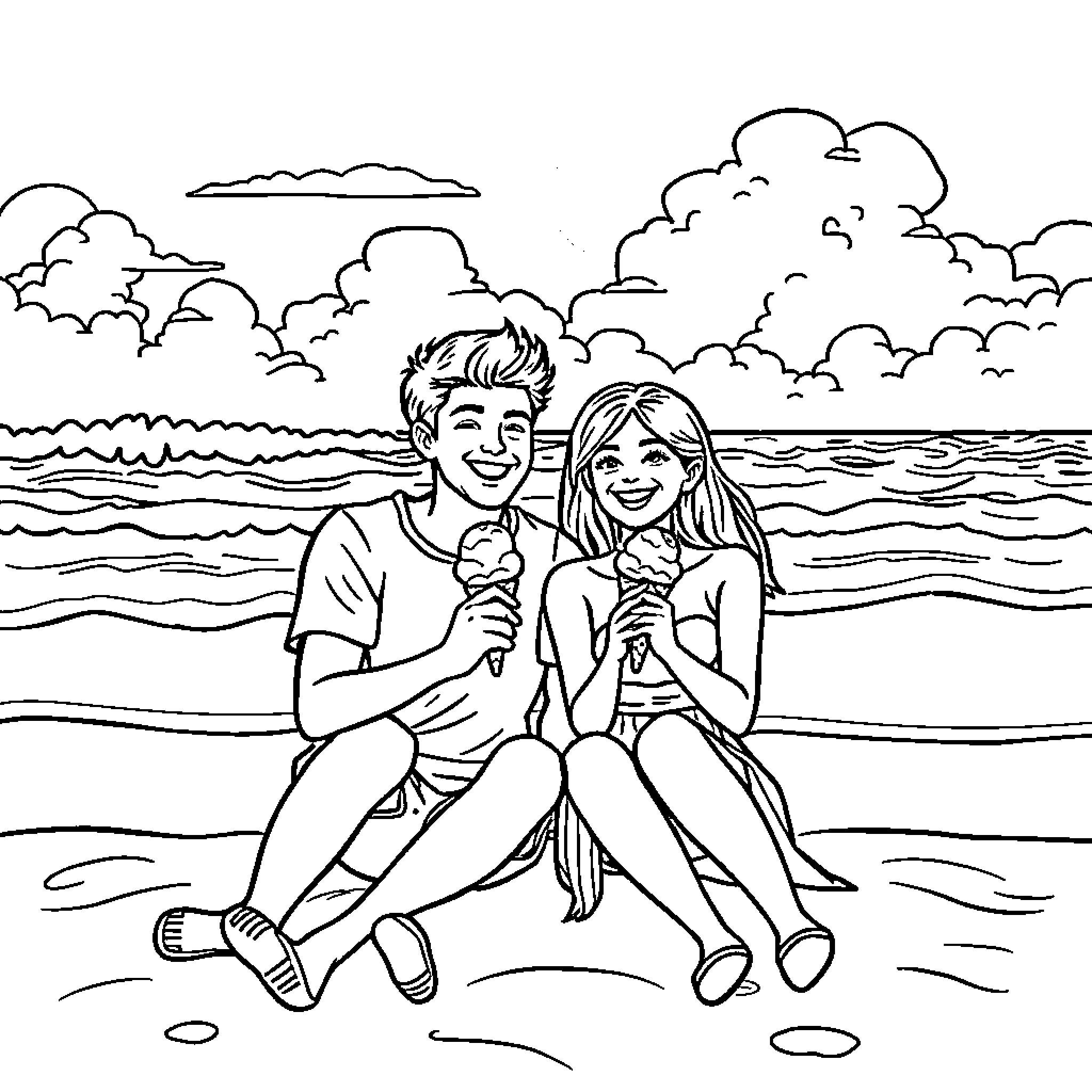 Couple enjoying ice cream at the beach Coloring Page (free black-and-white line drawing printable PDF for all, from beginners to advanced learners, including children, teens, adults, and seniors)