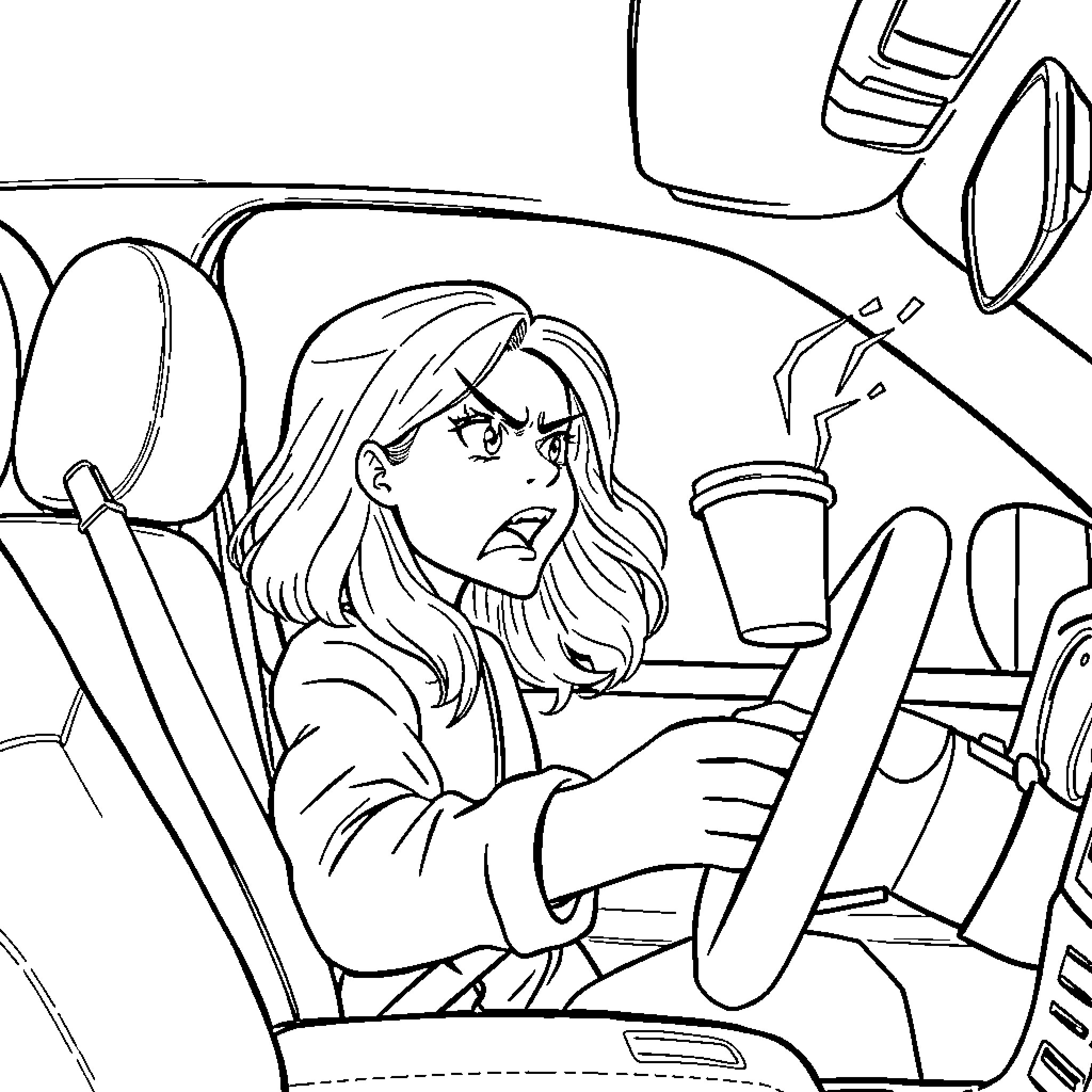 Girl stuck in traffic with frustrated expression Coloring Page (free black-and-white line drawing printable PDF for all, from beginners to advanced learners, including children, teens, adults, and seniors)