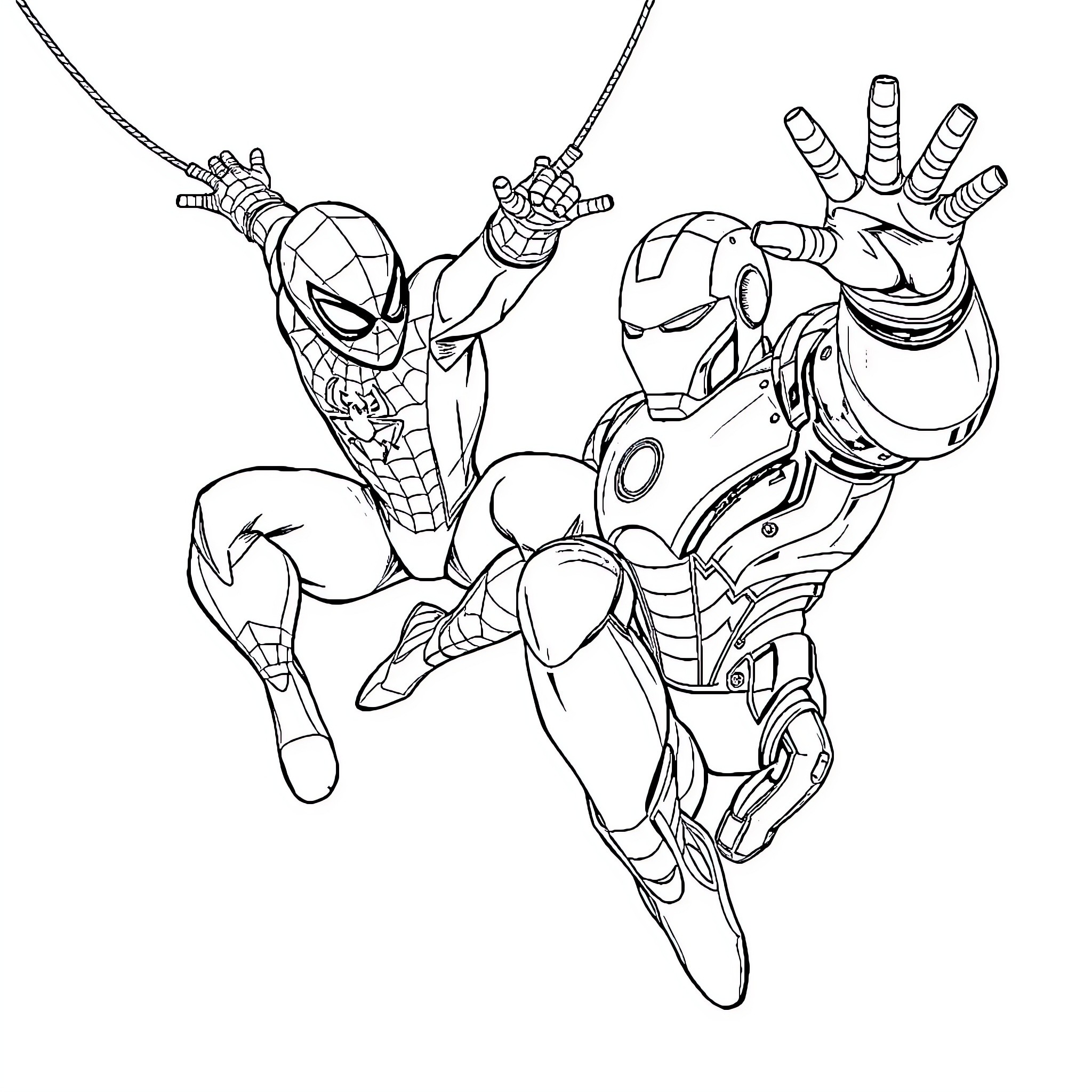 Spiderman and Iron Man in action-packed scene Coloring Page (free black-and-white line drawing printable PDF for all, from beginners to advanced learners, including children, teens, adults, and seniors)