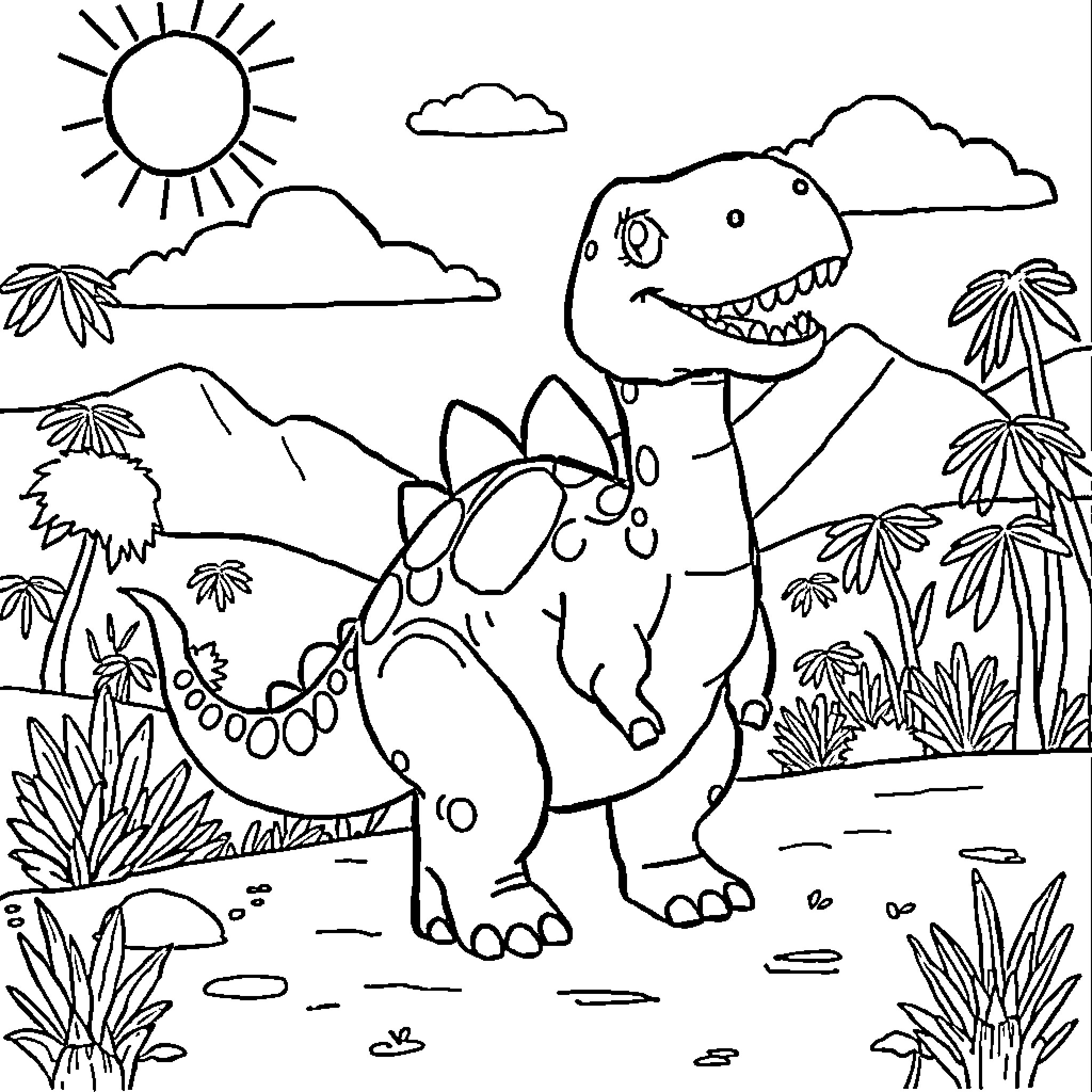 Dinosaurs roaming in the prehistoric landscape Coloring Page (free black-and-white line drawing printable PDF for all, from beginners to advanced learners, including children, teens, adults, and seniors)