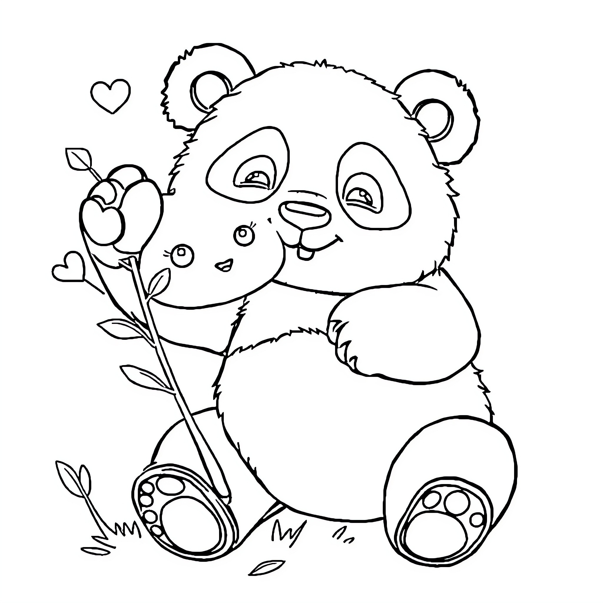 Panda playing with flower in nature Coloring Page (free black-and-white line drawing printable PDF for all, from beginners to advanced learners, including children, teens, adults, and seniors)