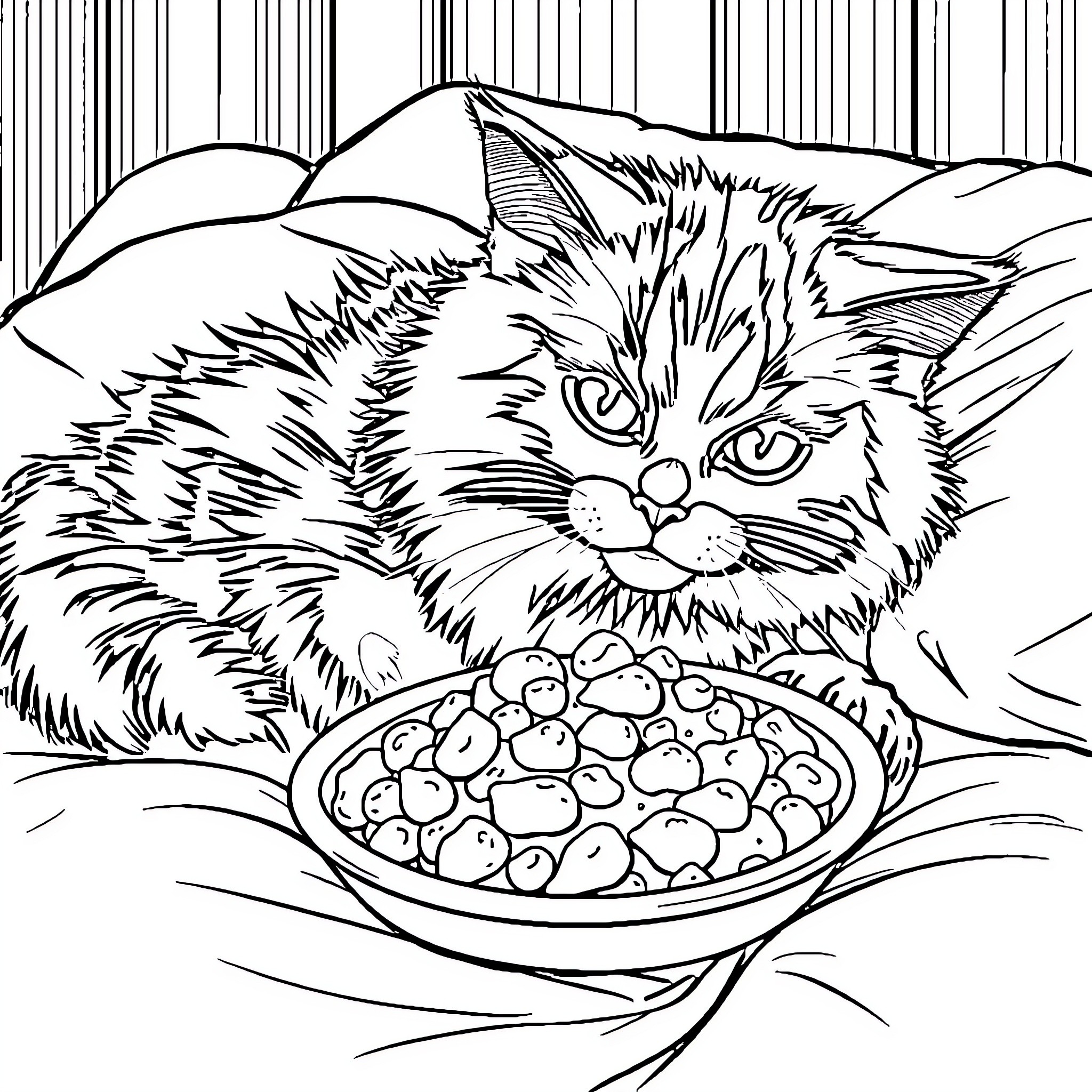 Ragdoll Cat Enjoying a Snack Coloring Page (free black-and-white line drawing printable PDF for all, from beginners to advanced learners, including children, teens, adults, and seniors)