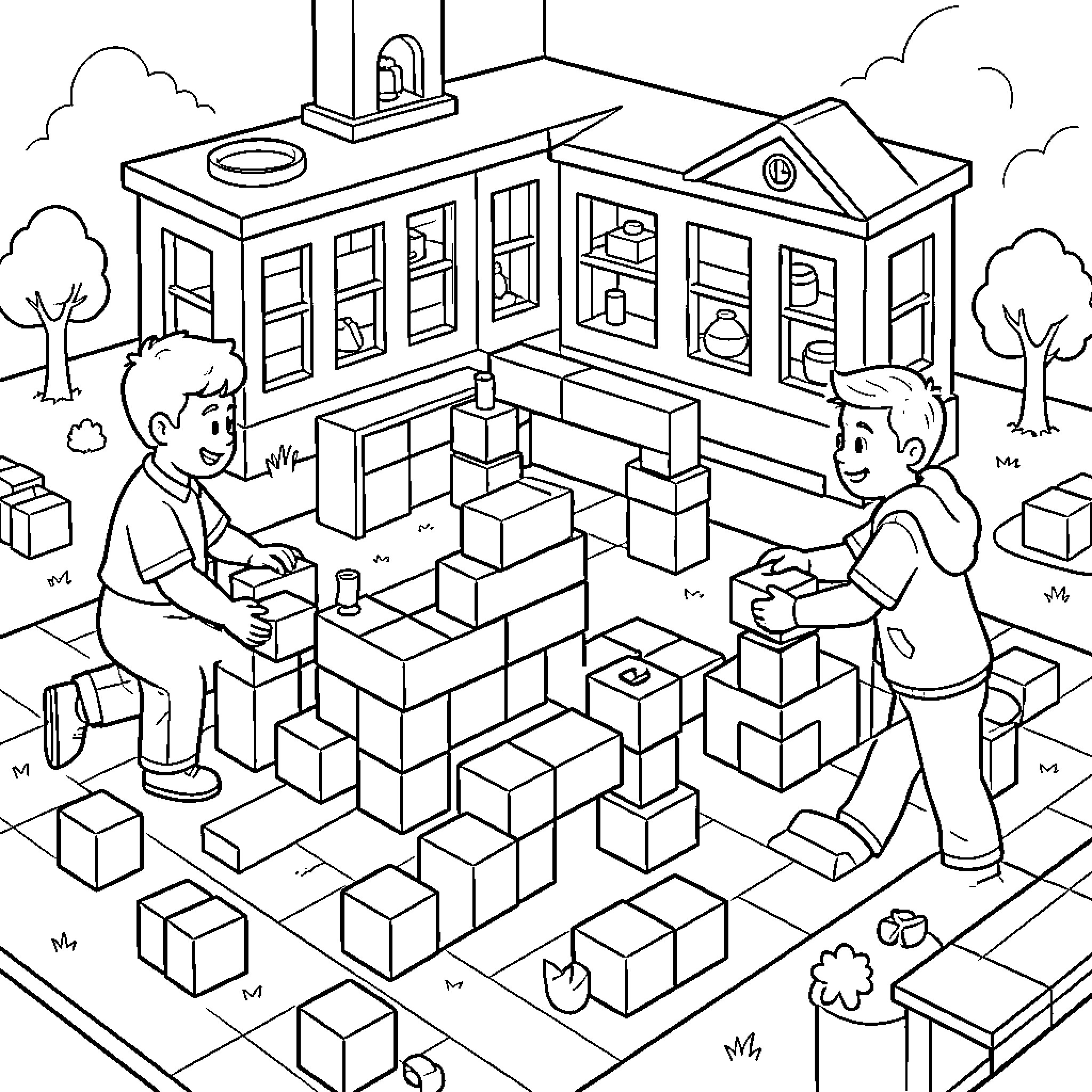 Building a large structure with toy blocks Coloring Page (free black-and-white line drawing printable PDF for all, from beginners to advanced learners, including children, teens, adults, and seniors)