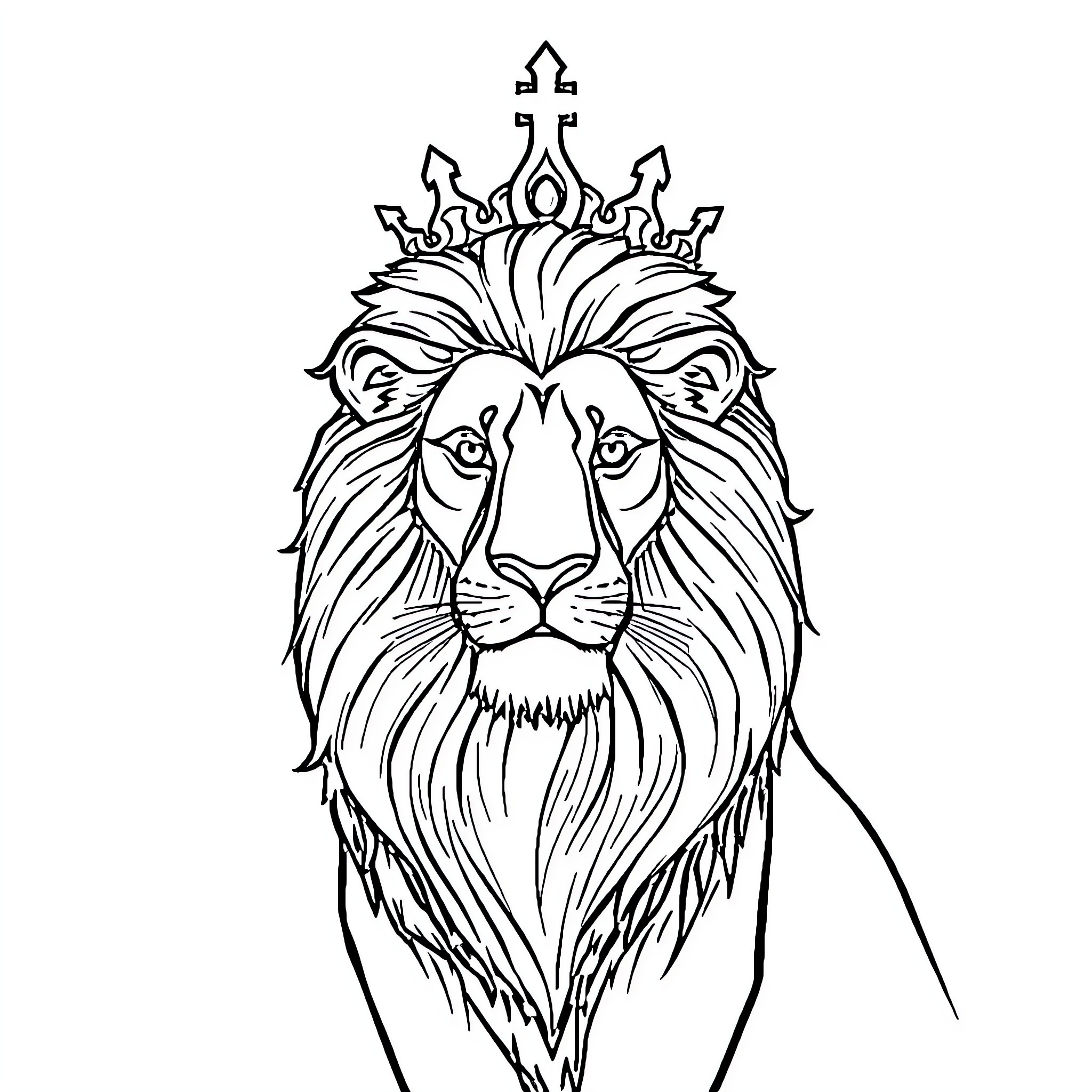 Lion with ornate crown and majestic gaze Coloring Page (free black-and-white line drawing printable PDF for all, from beginners to advanced learners, including children, teens, adults, and seniors)