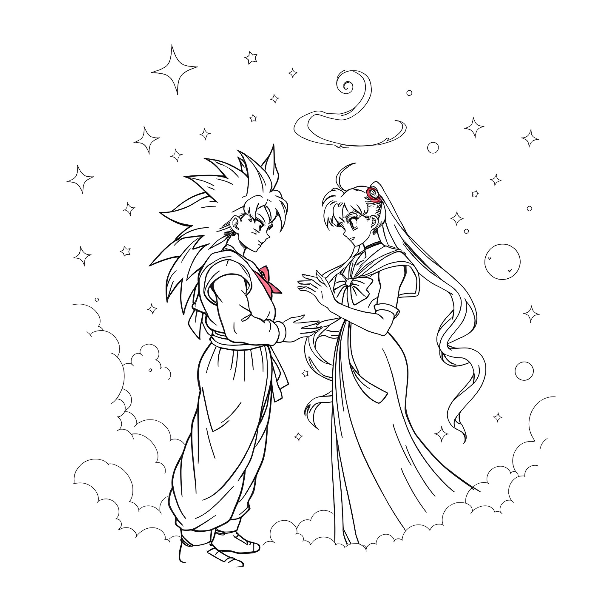 Sailor Moon characters in magical fantasy scene Coloring Page (free black-and-white line drawing printable PDF for all, from beginners to advanced learners, including children, teens, adults, and seniors)