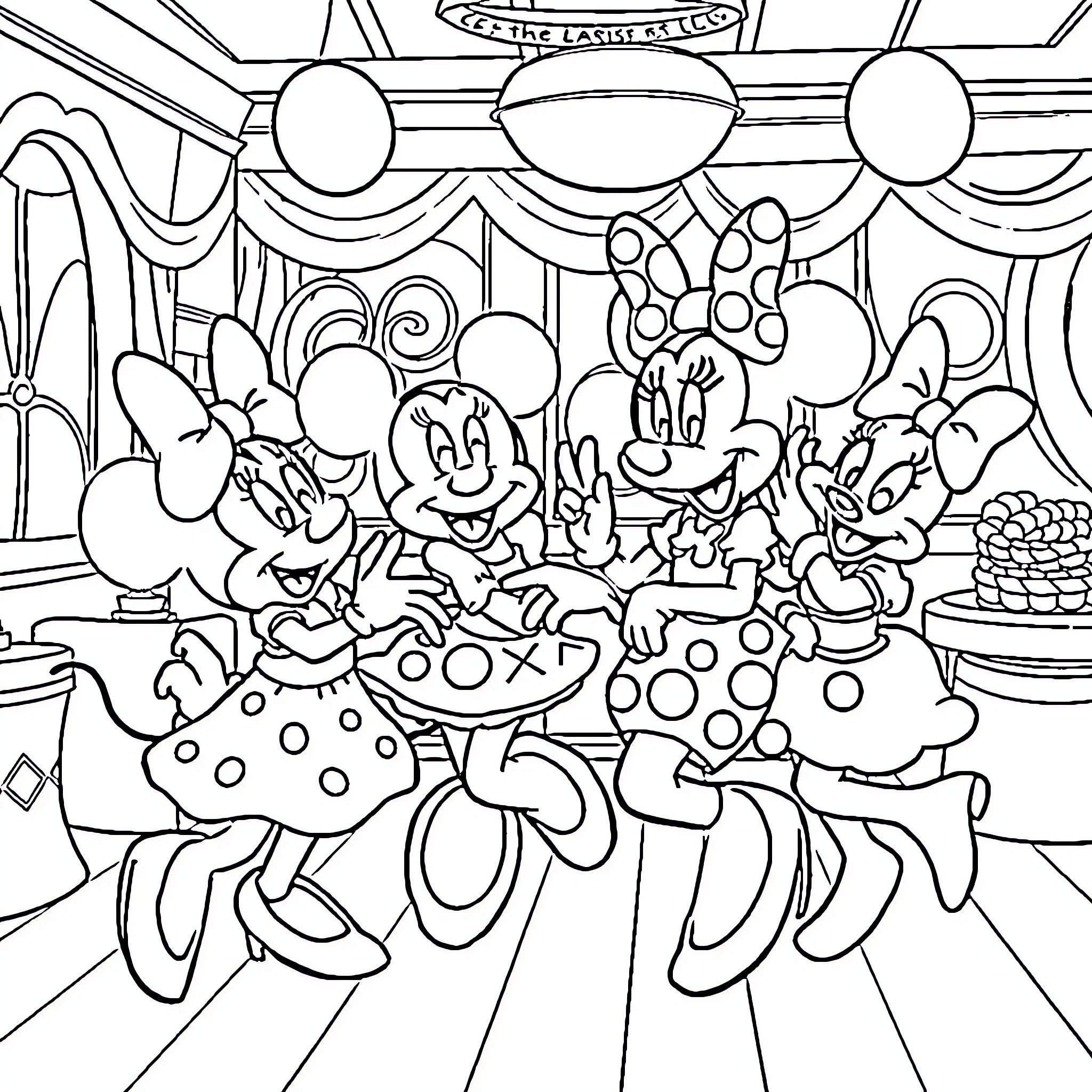 Minnie and Friends Enjoying a Festive Celebration Coloring Page (free black-and-white line drawing printable PDF for all, from beginners to advanced learners, including children, teens, adults, and seniors)