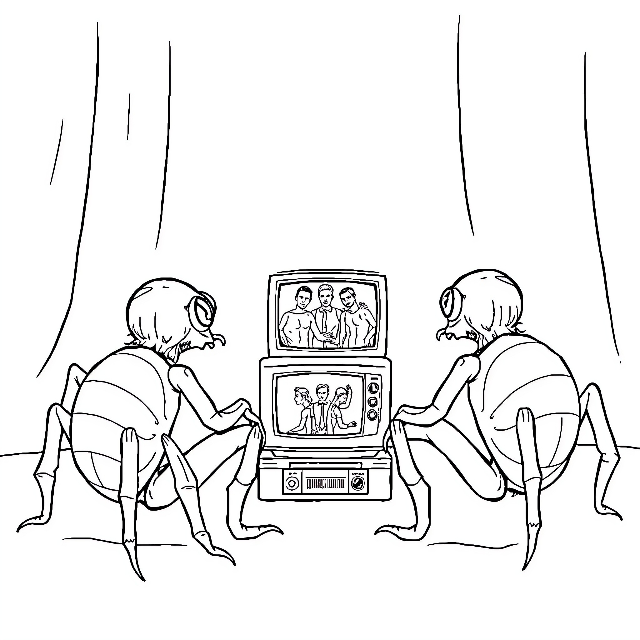 Spider friends enjoying TV show together Coloring Page (free black-and-white line drawing printable PDF for all, from beginners to advanced learners, including children, teens, adults, and seniors)