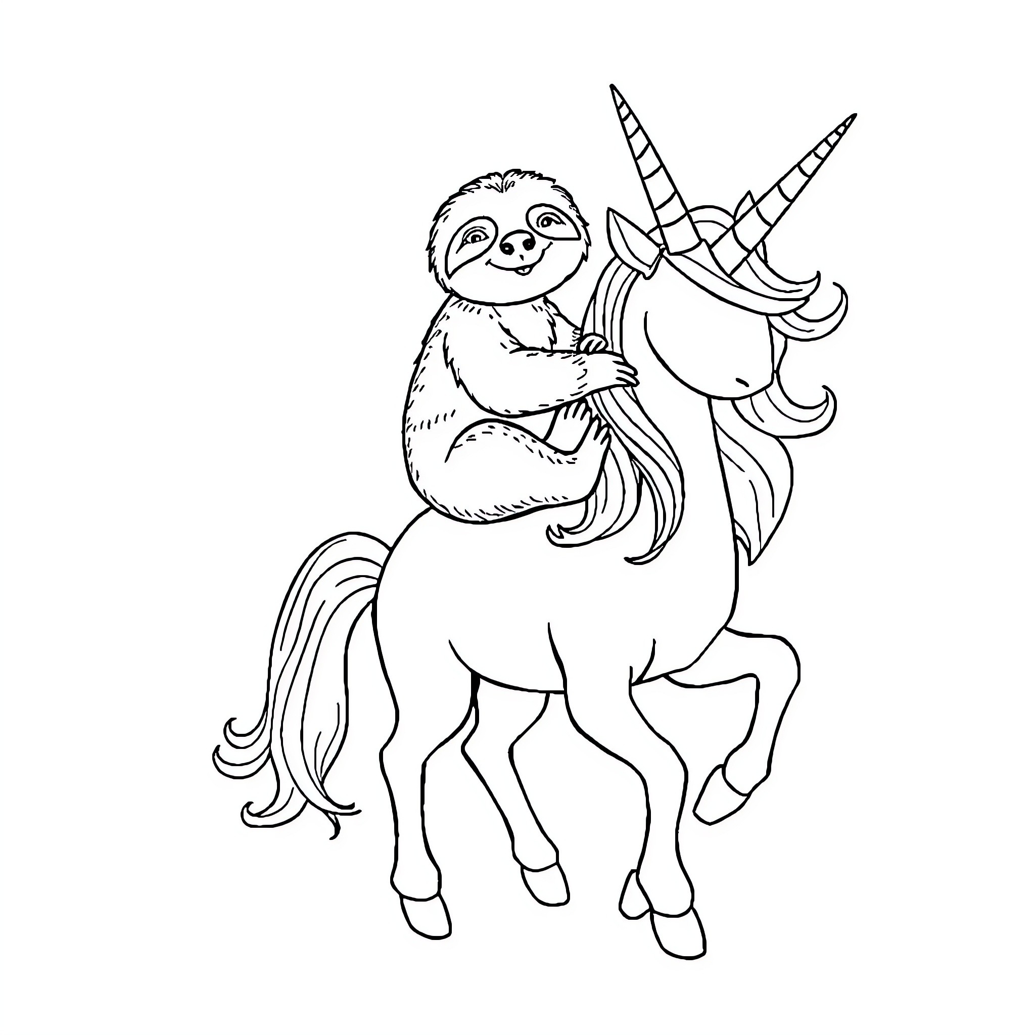 Sloth riding a unicorn in fantasy Coloring Page (free black-and-white line drawing printable PDF for all, from beginners to advanced learners, including children, teens, adults, and seniors)