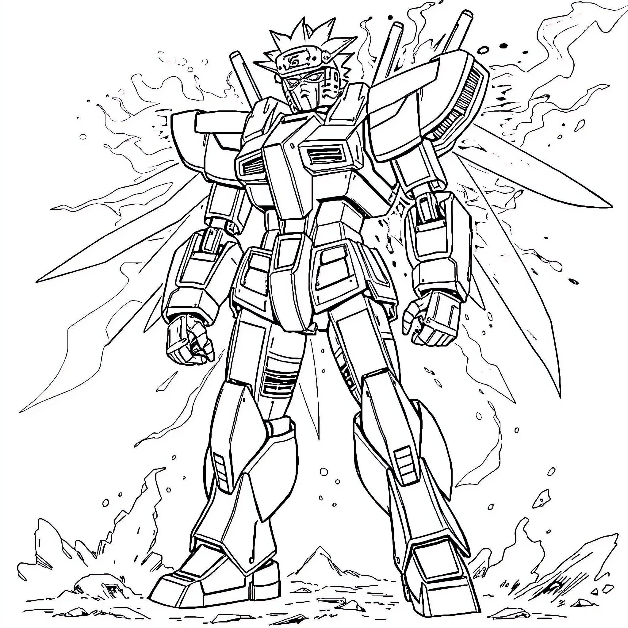 Naruto's Mecha Robot in Fierce Battle Coloring Page (free black-and-white line drawing printable PDF for all, from beginners to advanced learners, including children, teens, adults, and seniors)