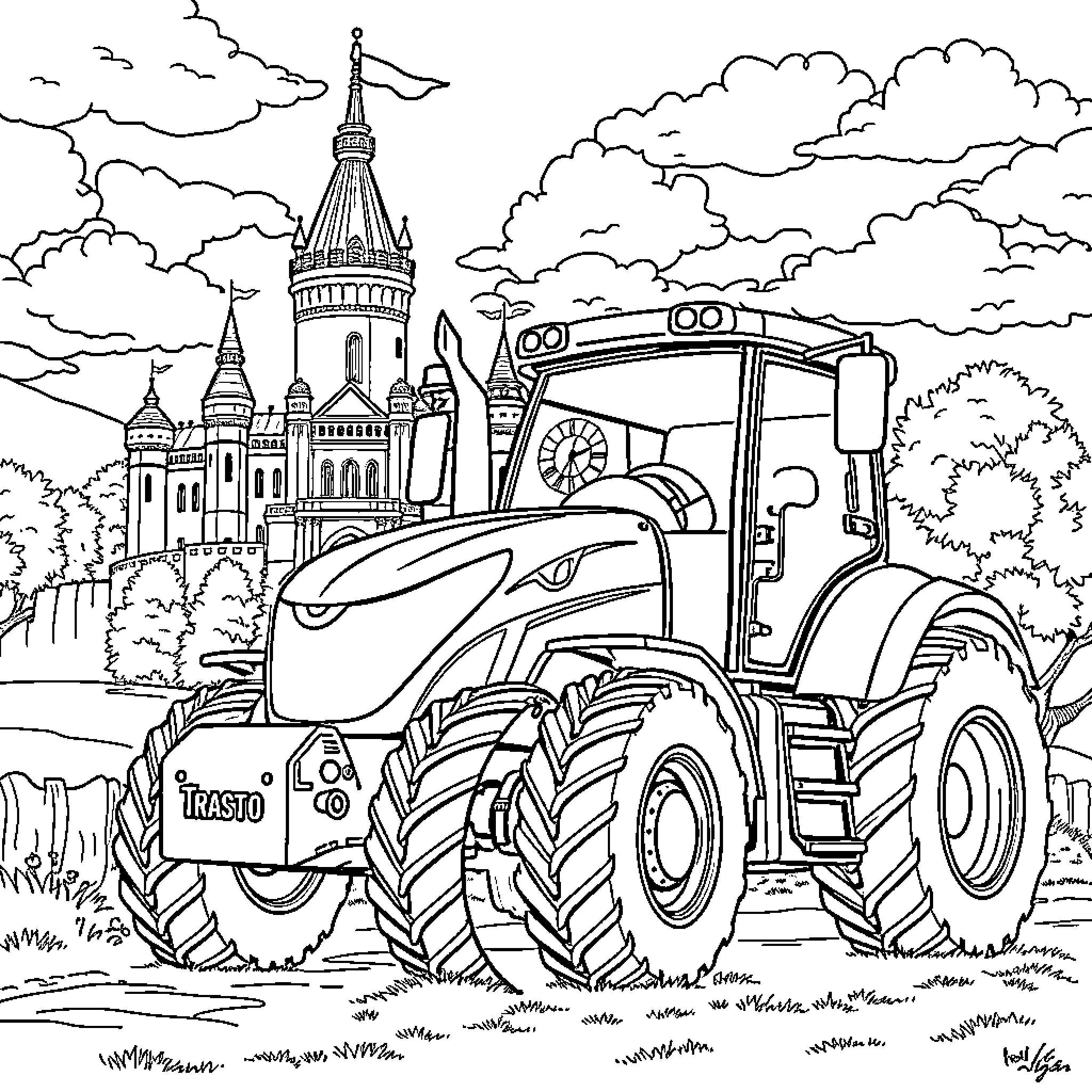 Tractor farming near castle in the countryside Coloring Page (free black-and-white line drawing printable PDF for all, from beginners to advanced learners, including children, teens, adults, and seniors)