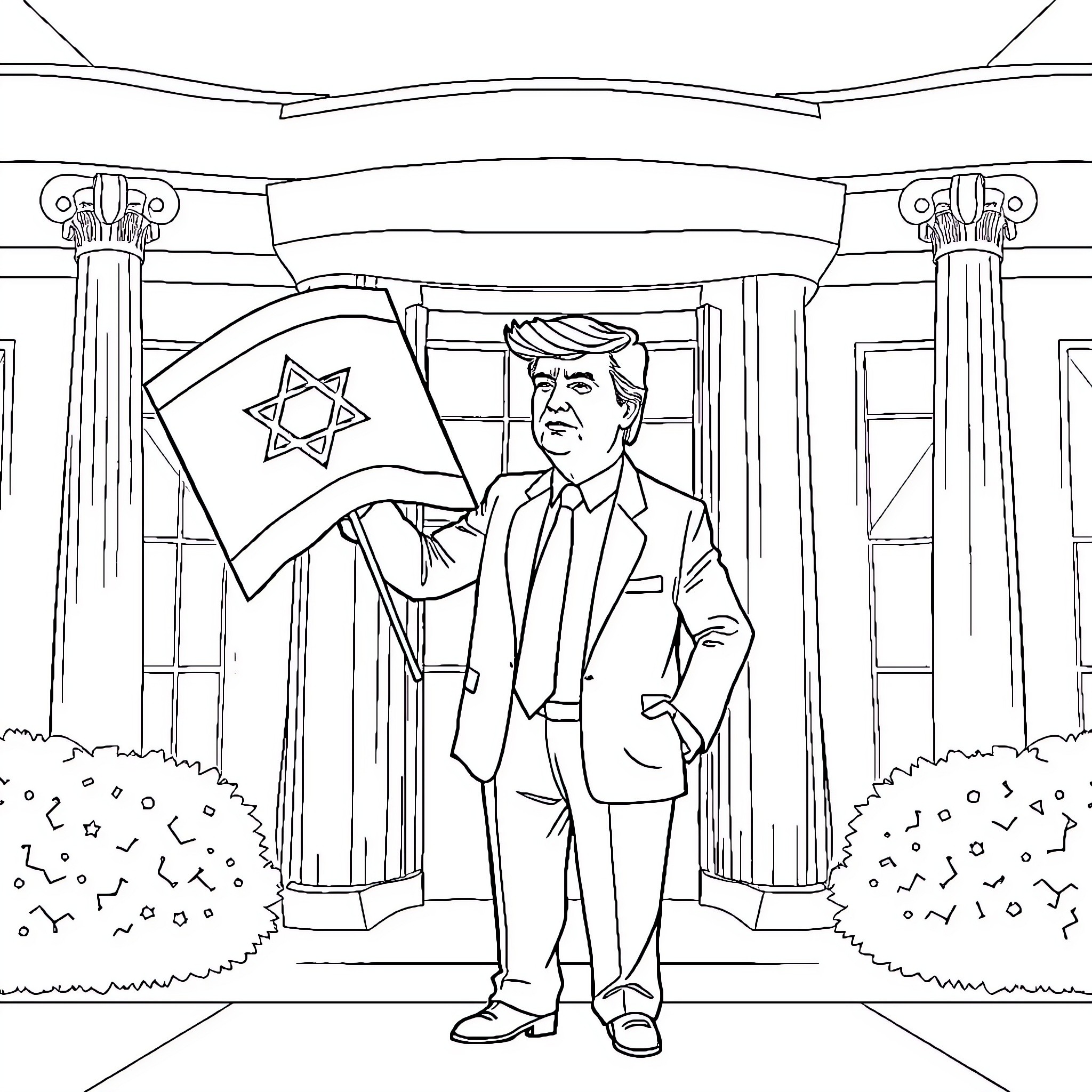 Donald Trump standing with Israeli flag in front of government building Coloring Page (free black-and-white line drawing printable PDF for all, from beginners to advanced learners, including children, teens, adults, and seniors)