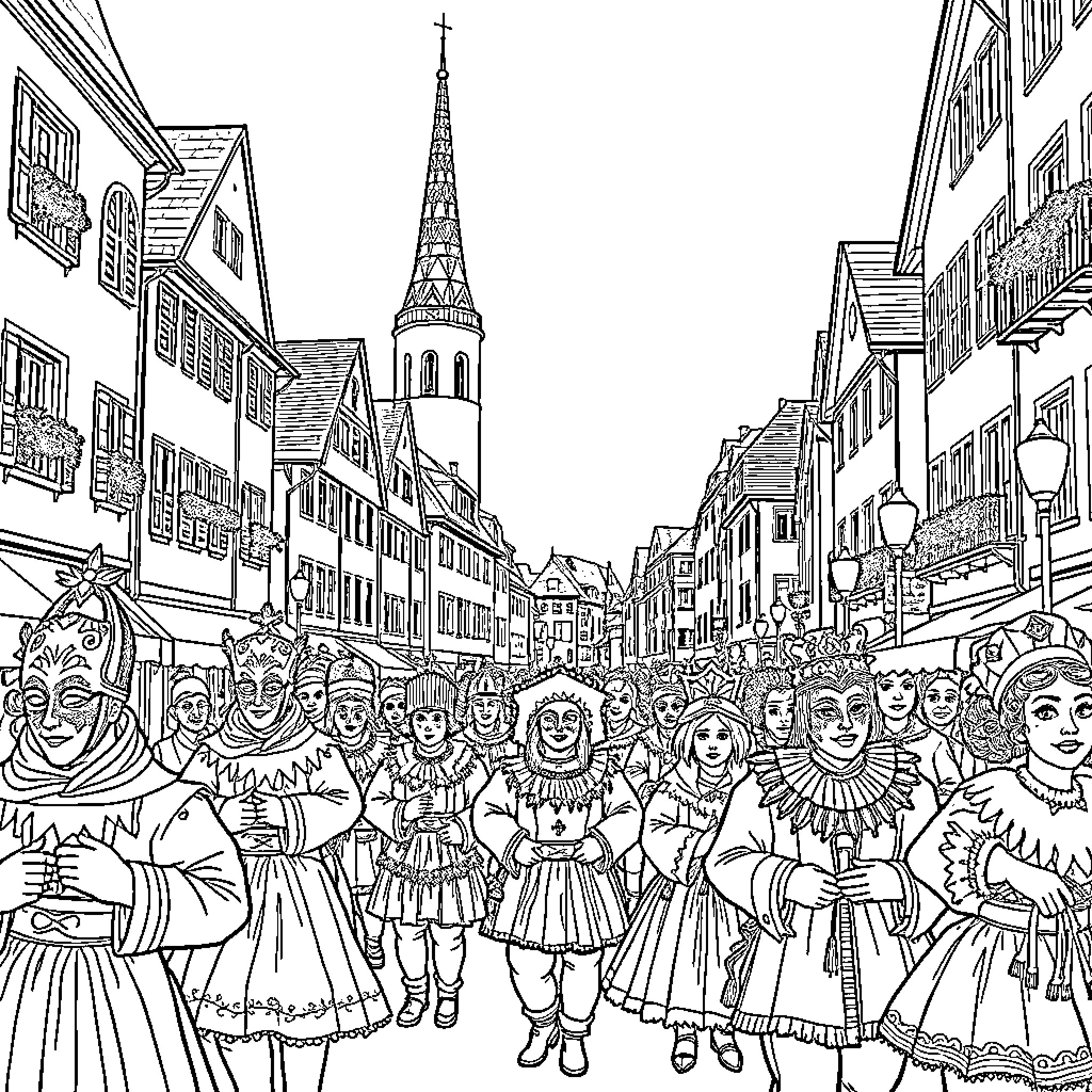 Basler Fasnacht: A Festive Parade of Costumed Revelry Coloring Page (free black-and-white line drawing printable PDF for all, from beginners to advanced learners, including children, teens, adults, and seniors)