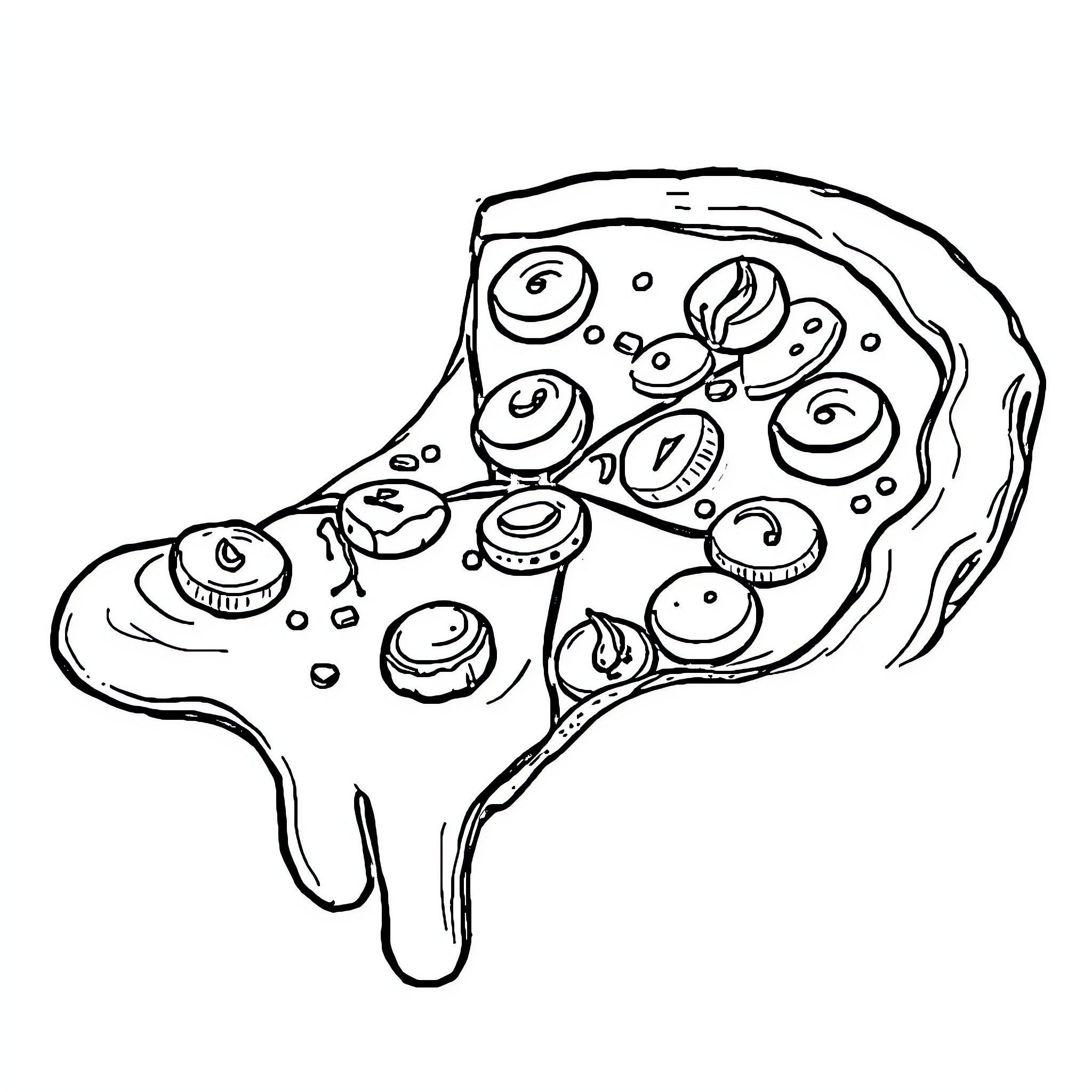 Pizza Slice with Delicious Toppings Coloring Page (free black-and-white line drawing printable PDF for all, from beginners to advanced learners, including children, teens, adults, and seniors)