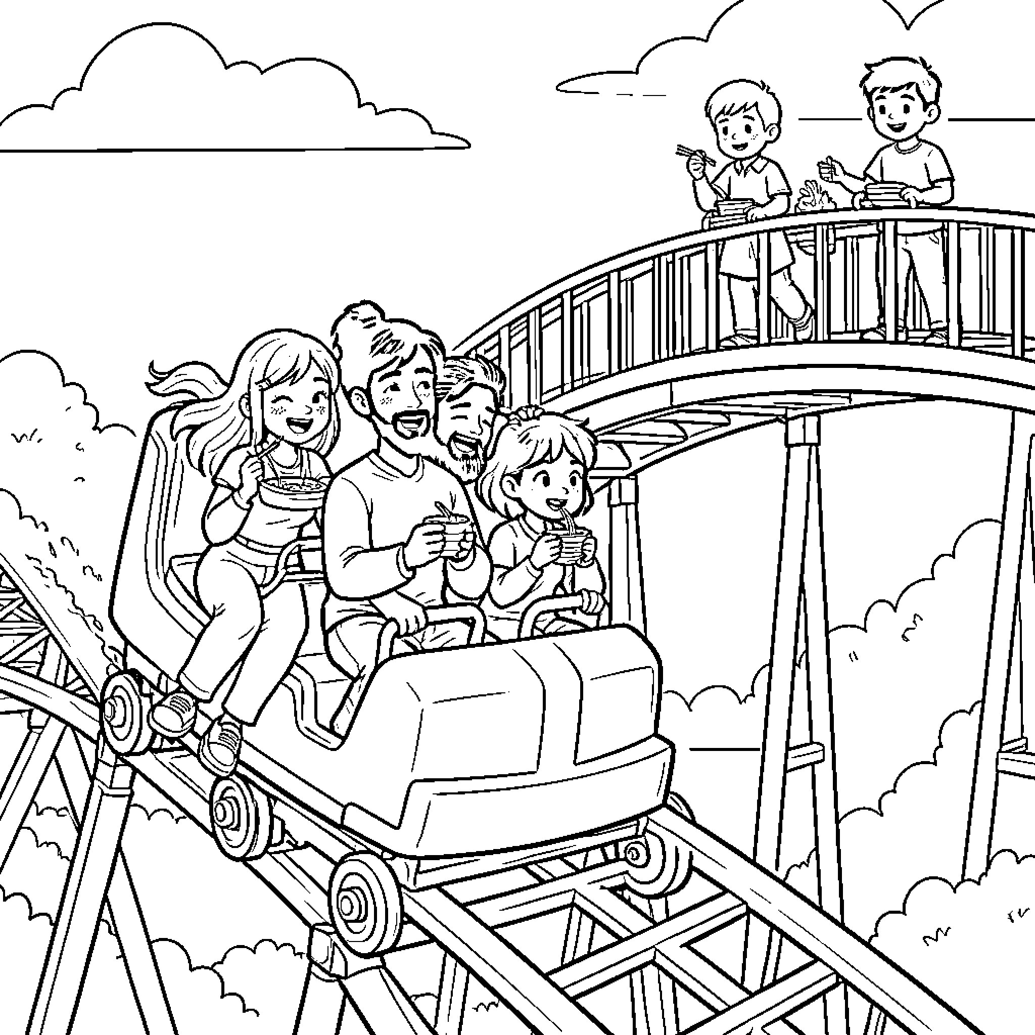 Rumi children riding a roller coaster and eating snacks Coloring Page (free black-and-white line drawing printable PDF for all, from beginners to advanced learners, including children, teens, adults, and seniors)