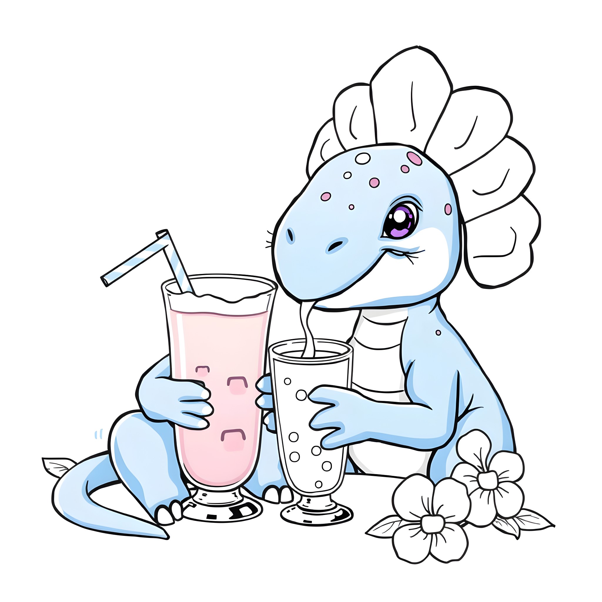 Bluey enjoying a refreshing drink with flowers Coloring Page (free black-and-white line drawing printable PDF for all, from beginners to advanced learners, including children, teens, adults, and seniors)