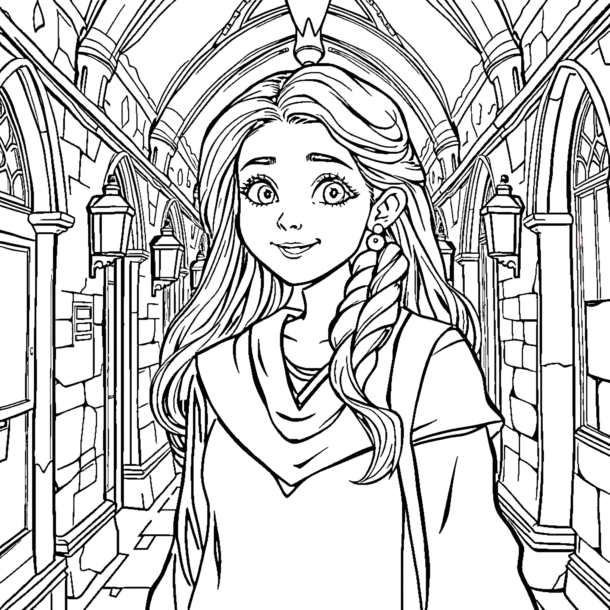 Luna Lovegood exploring the magical castle hallway Coloring Page (free black-and-white line drawing printable PDF for all, from beginners to advanced learners, including children, teens, adults, and seniors)