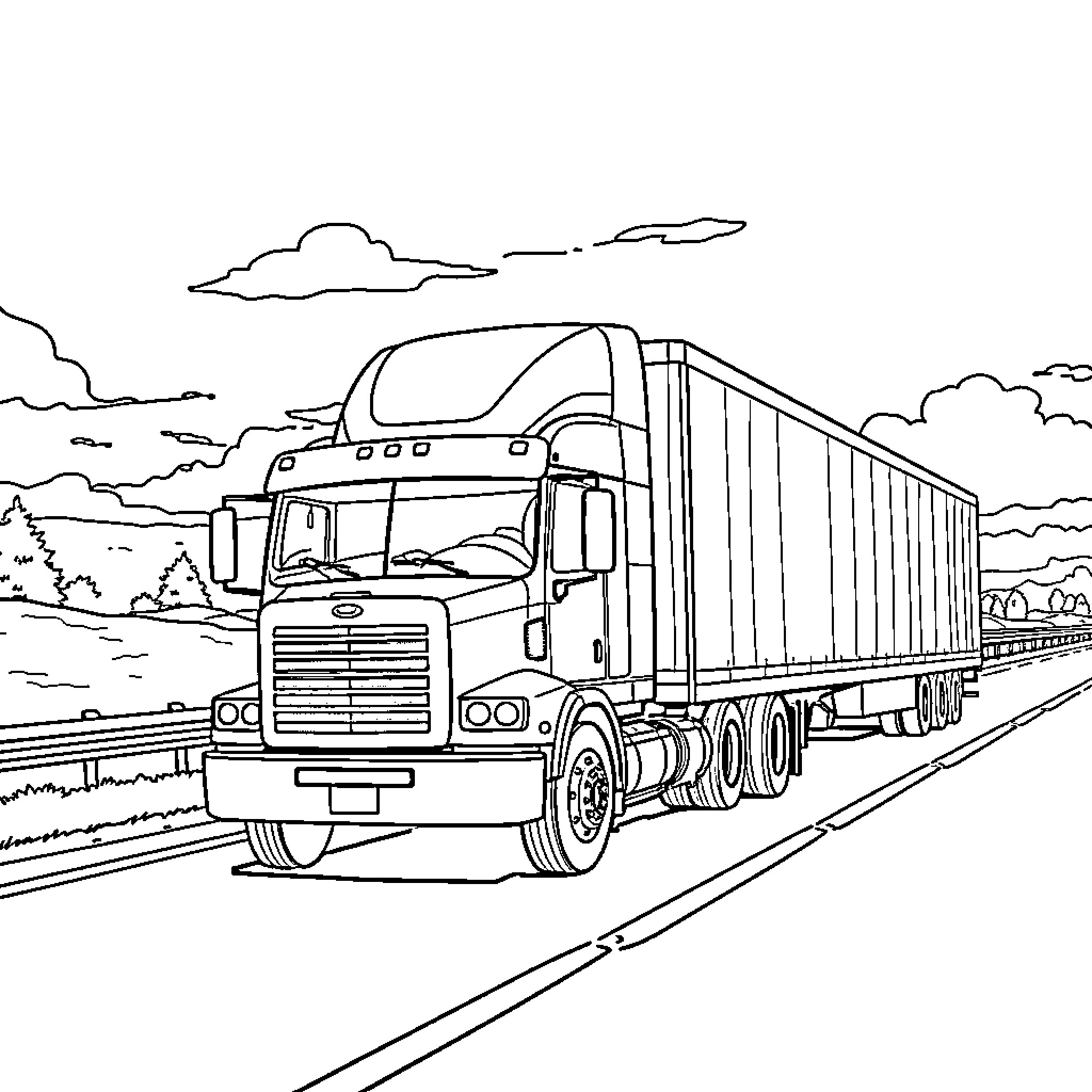 Truck Transporting Cargo on Highway Coloring Page (free black-and-white line drawing printable PDF for all, from beginners to advanced learners, including children, teens, adults, and seniors)