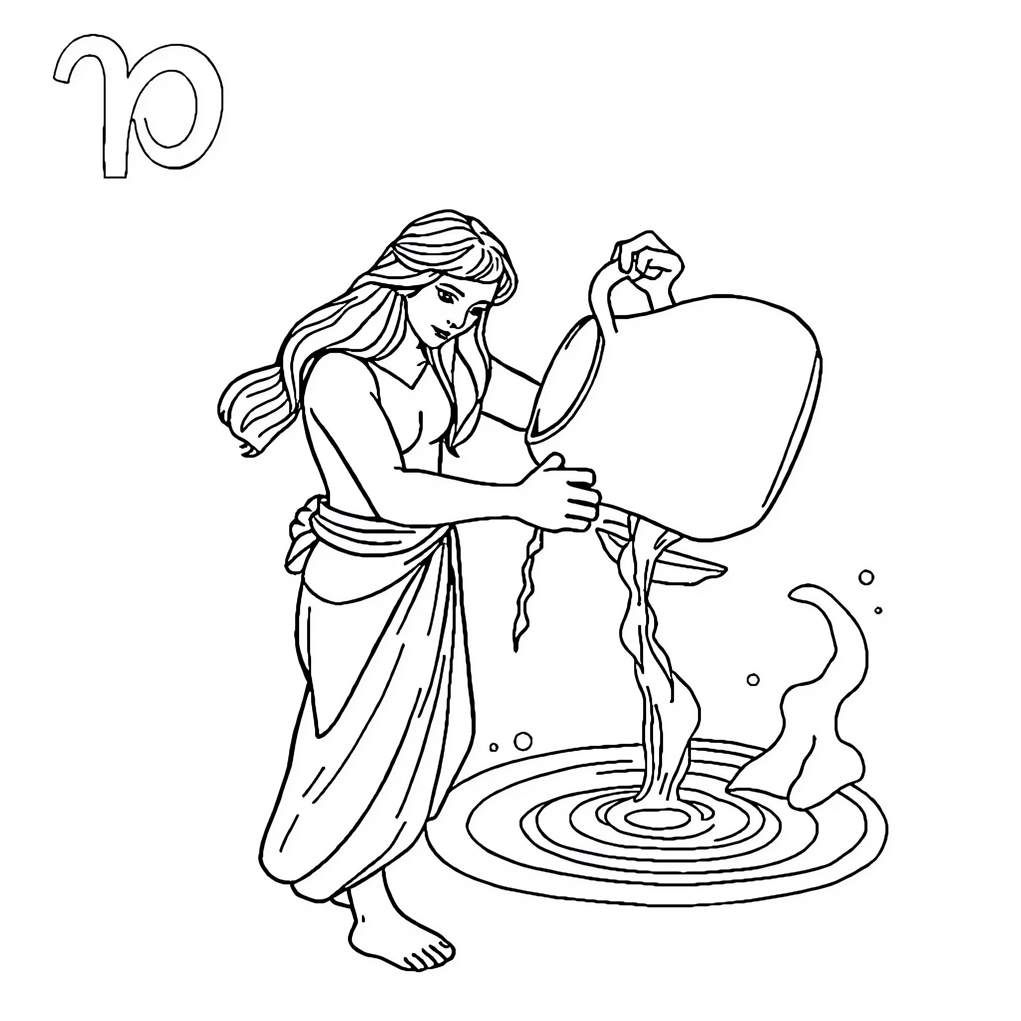 Aquarius pouring water from a vessel Coloring Page (free black-and-white line drawing printable PDF for all, from beginners to advanced learners, including children, teens, adults, and seniors)