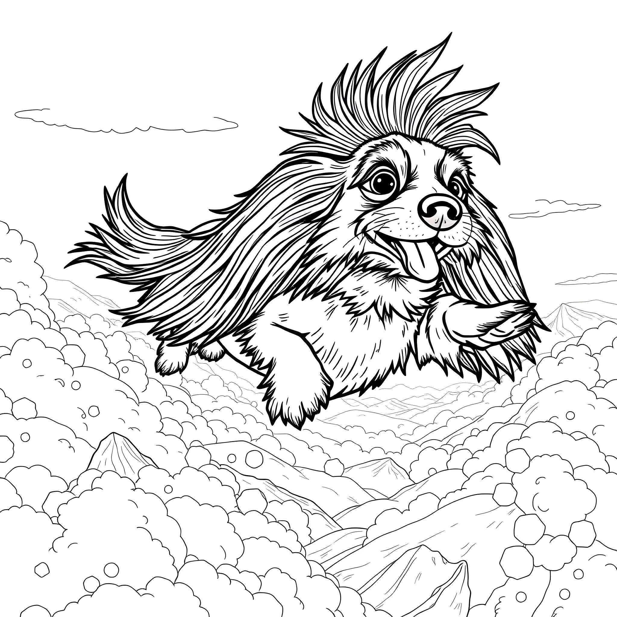 Dachshund leaping happily through clouds Coloring Page (free black-and-white line drawing printable PDF for all, from beginners to advanced learners, including children, teens, adults, and seniors)
