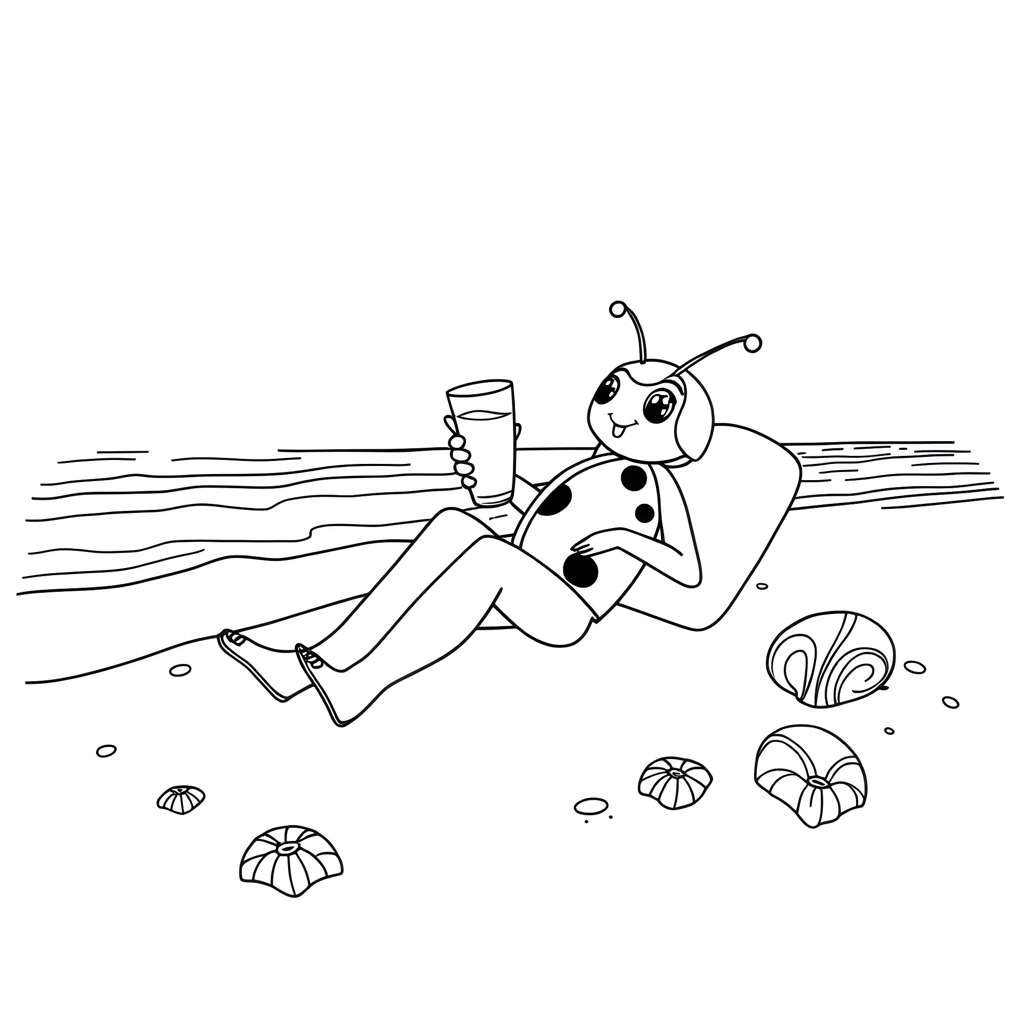 Ladybug relaxing on the beach with a drink Coloring Page (free black-and-white line drawing printable PDF for all, from beginners to advanced learners, including children, teens, adults, and seniors)