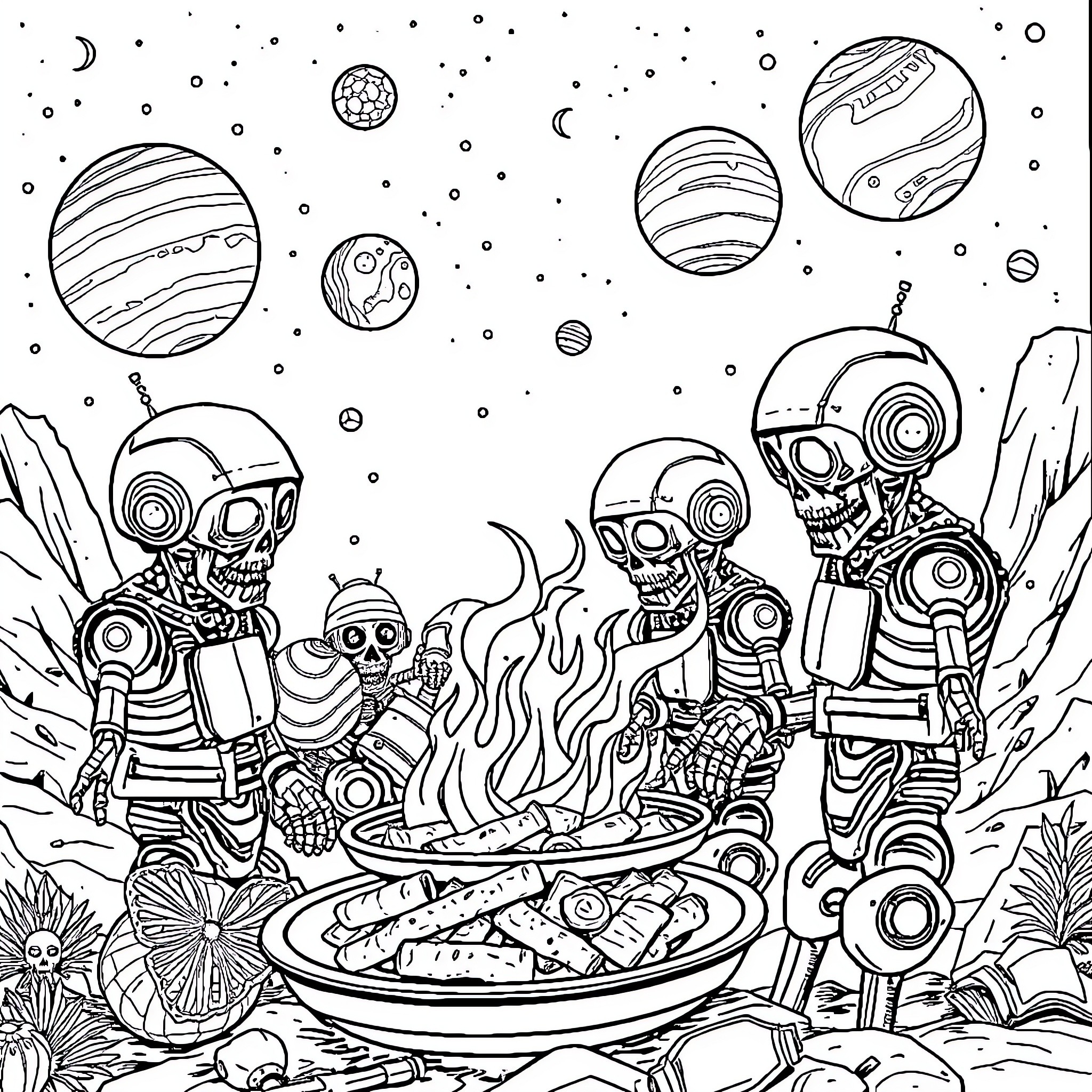 Zombie Robot Feast under Alien Planets Coloring Page (free black-and-white line drawing printable PDF for all, from beginners to advanced learners, including children, teens, adults, and seniors)