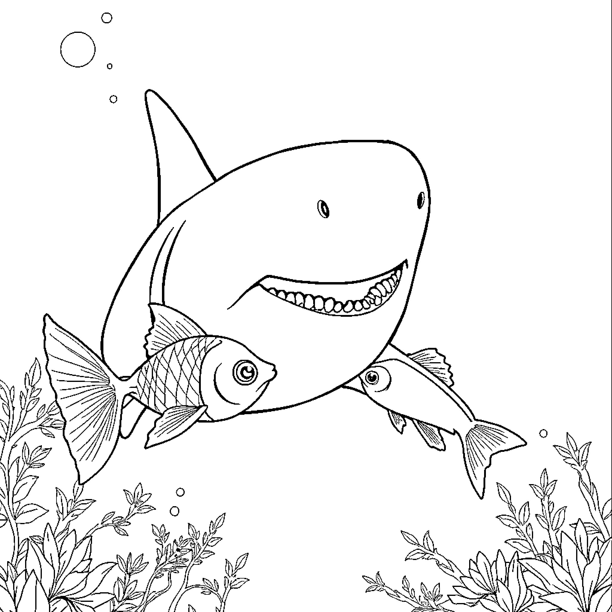 Goldfish chasing small fish in underwater plants Coloring Page (free black-and-white line drawing printable PDF for all, from beginners to advanced learners, including children, teens, adults, and seniors)