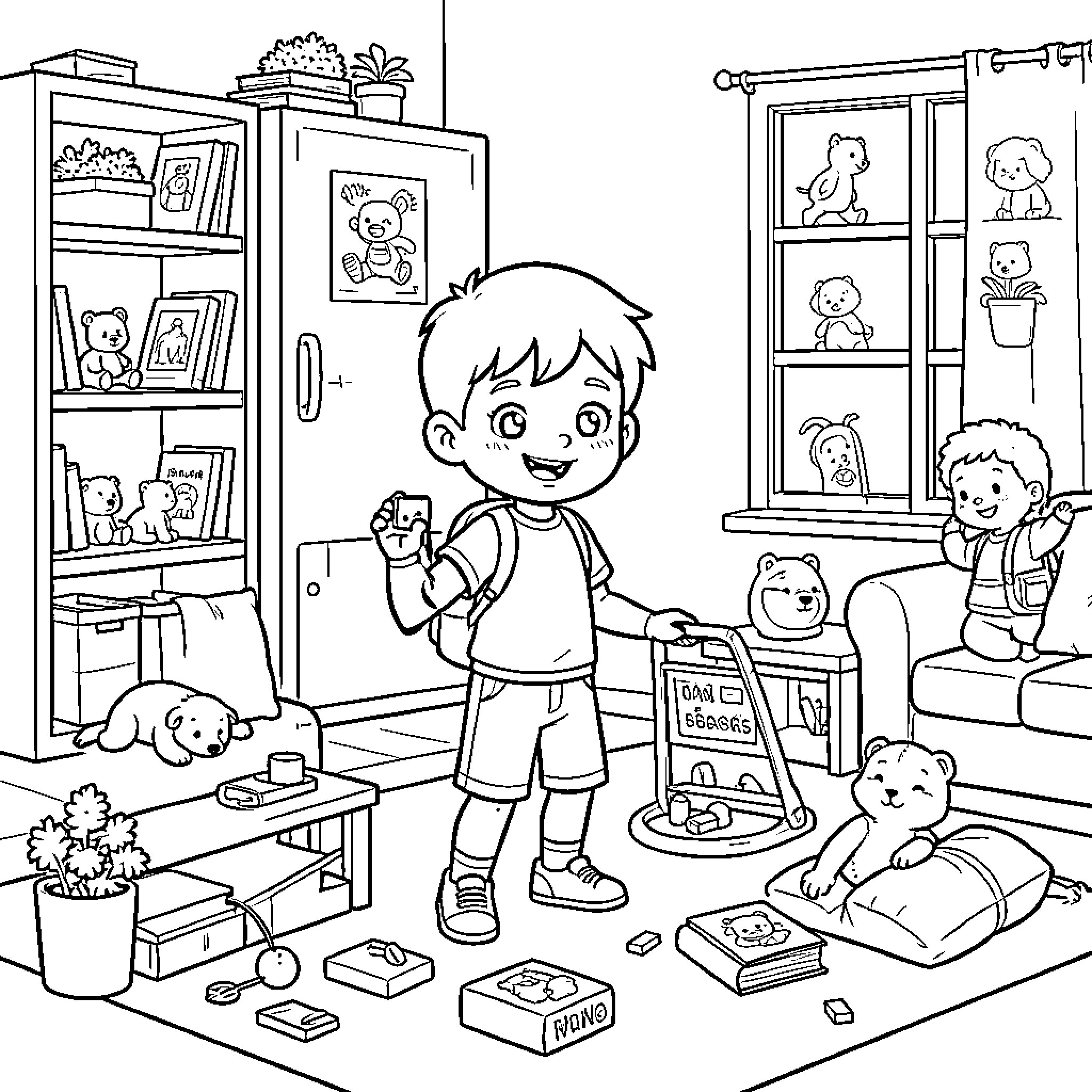 Niño explorando su dormitorio con juguetes Coloring Page (free black-and-white line drawing printable PDF for all, from beginners to advanced learners, including children, teens, adults, and seniors)