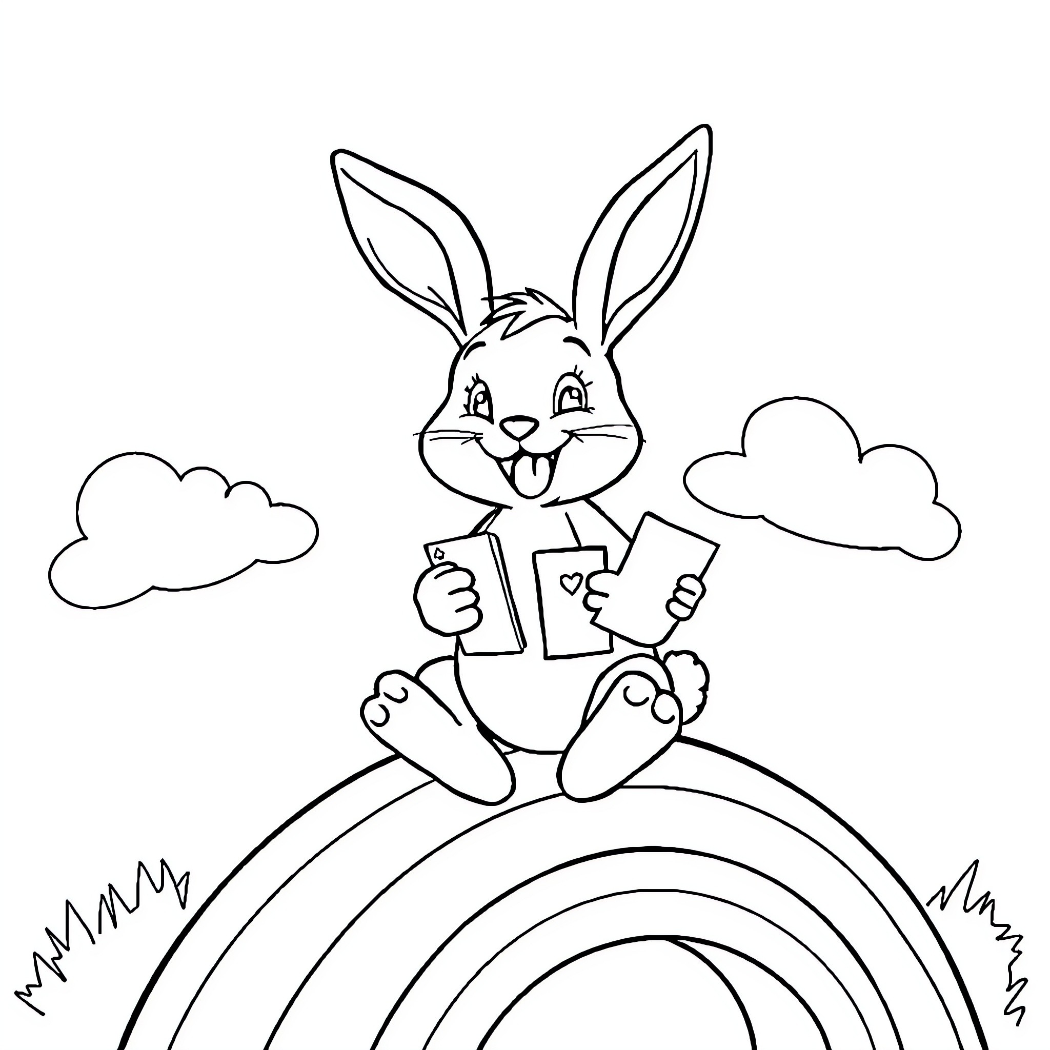 Rabbit playing happily with signs on rainbow Coloring Page (free black-and-white line drawing printable PDF for all, from beginners to advanced learners, including children, teens, adults, and seniors)